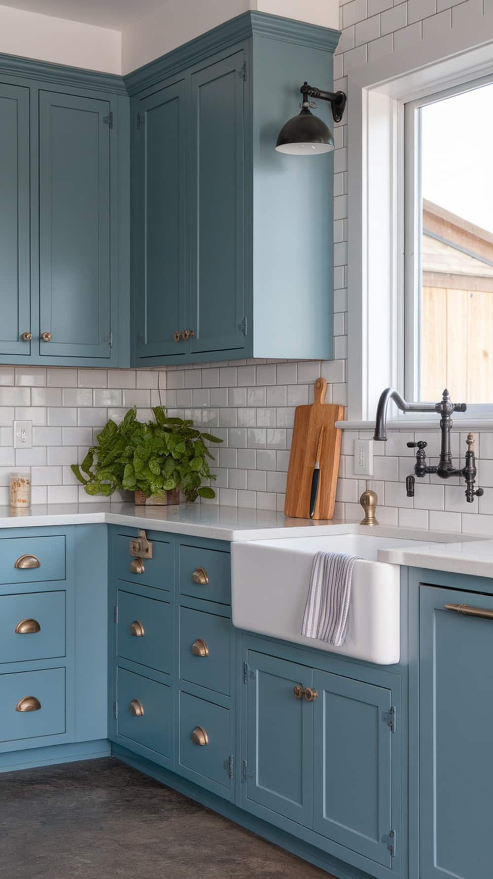 A modern kitchen with dusty blue cabinets and bold hardware.
