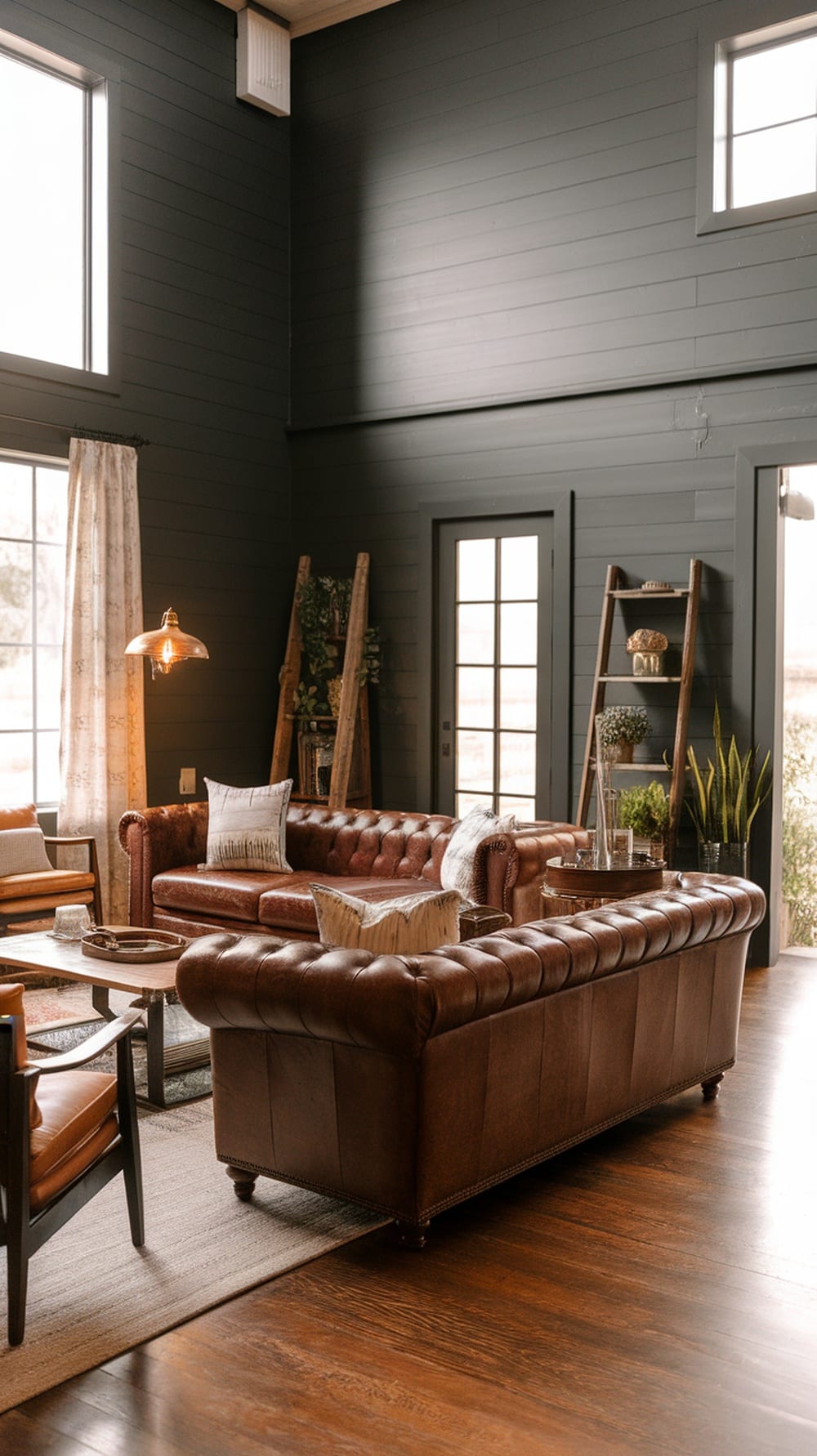Modern farmhouse living room with charcoal gray walls and leather sofas