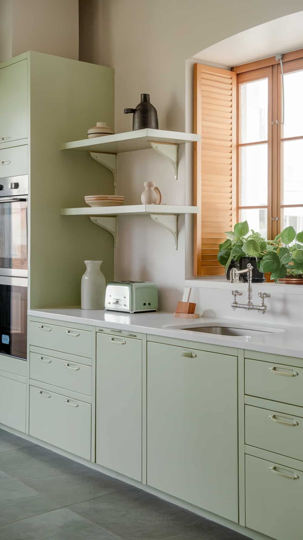 A contemporary pale green kitchen with minimalist design, featuring sleek cabinets and natural light.