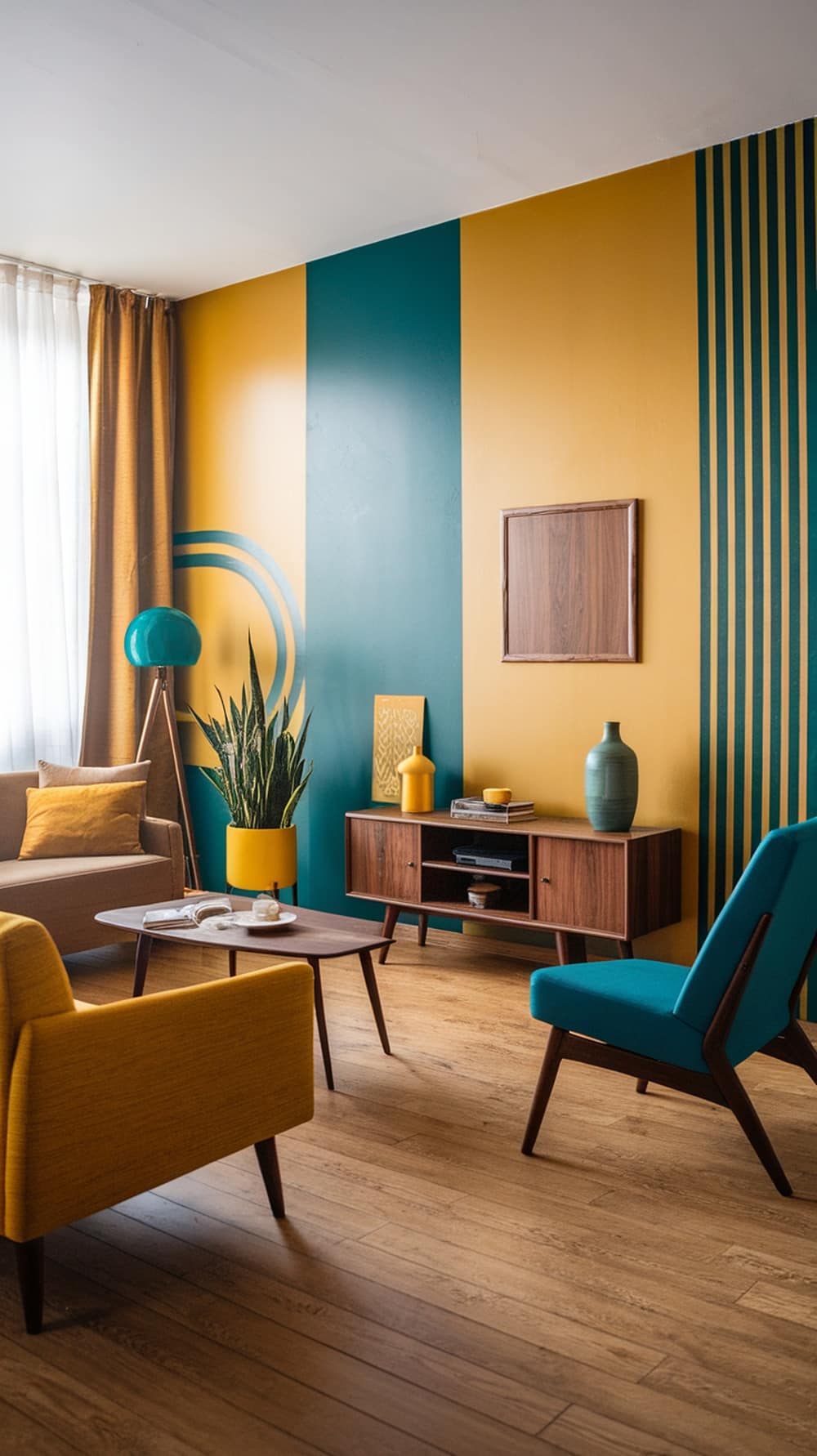 A mid-century modern living room featuring teal and mustard yellow walls, stylish furniture, and decorative plants.