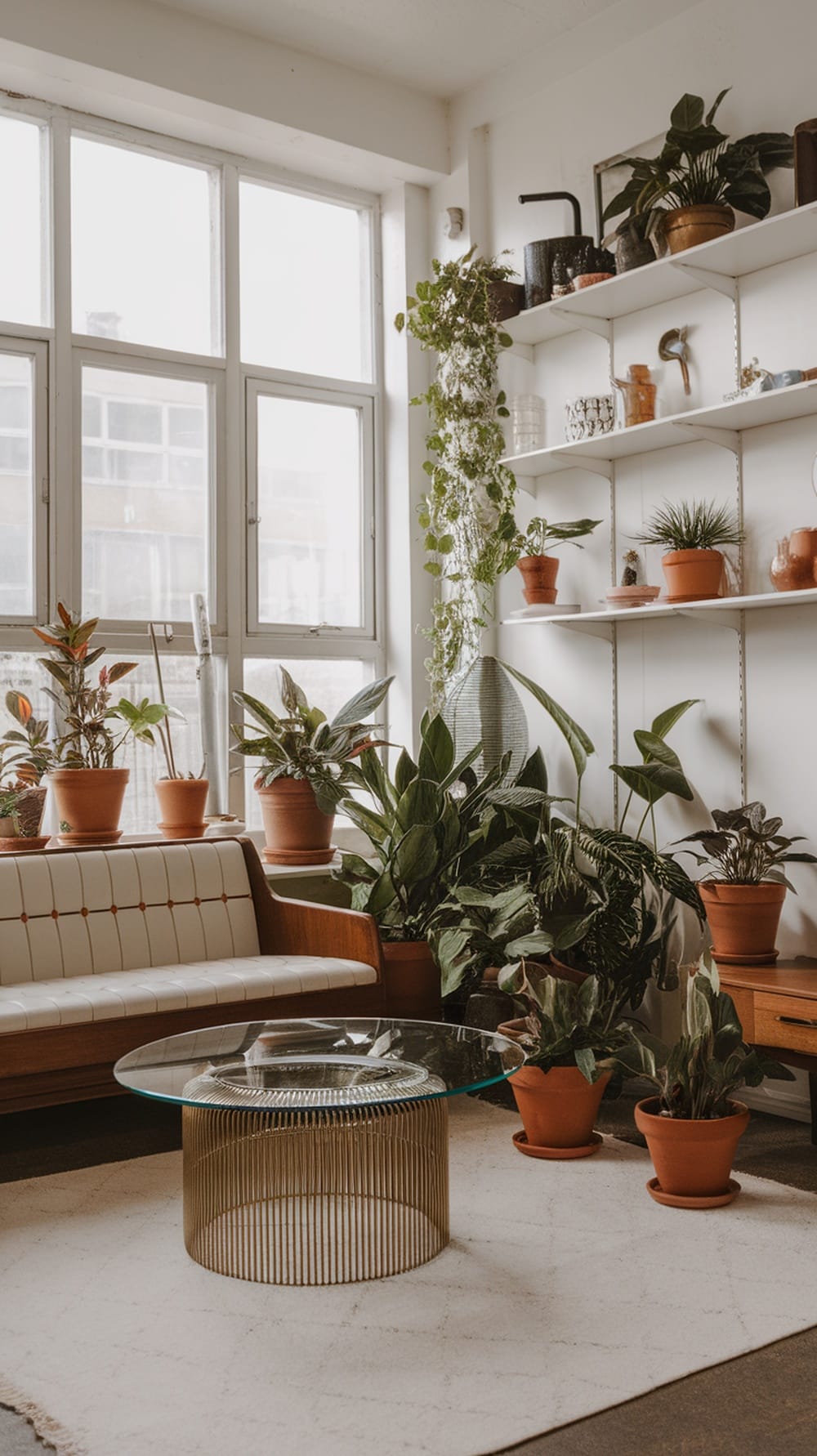A mid-century modern apartment with a cozy living area filled with various indoor plants, a glass coffee table, and large windows.