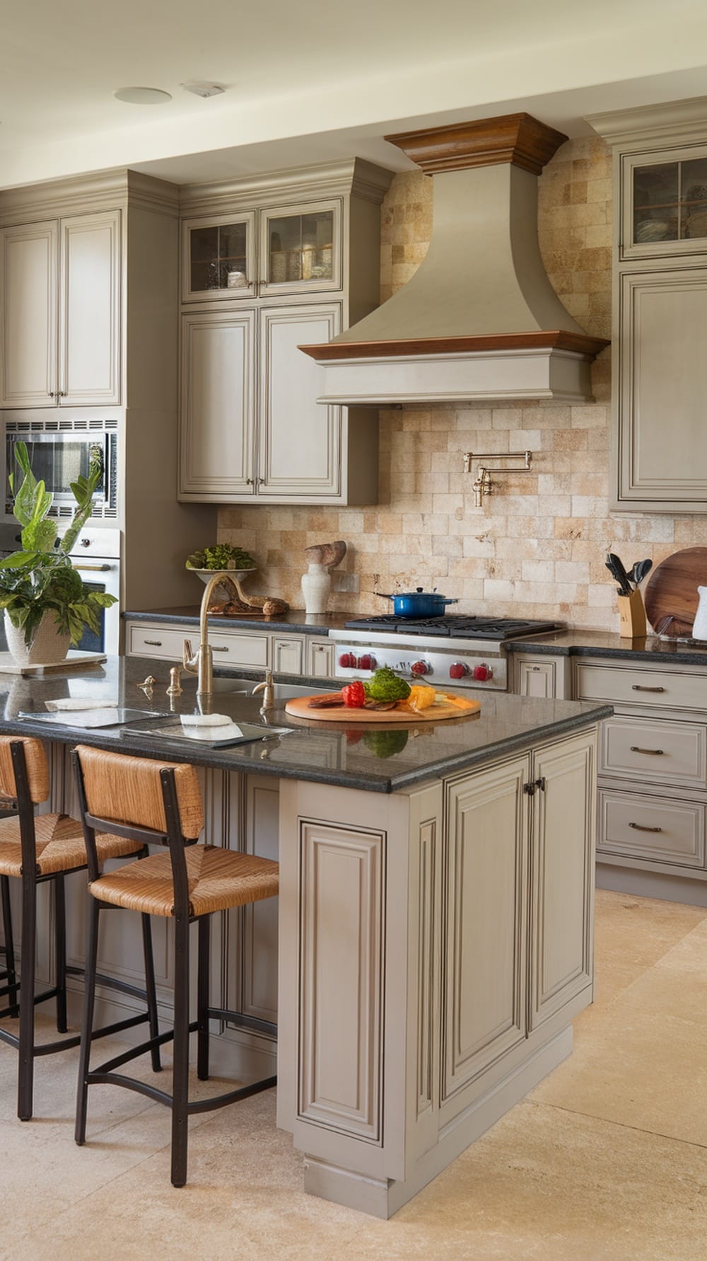 A kitchen featuring greige cabinets and a natural stone backsplash.