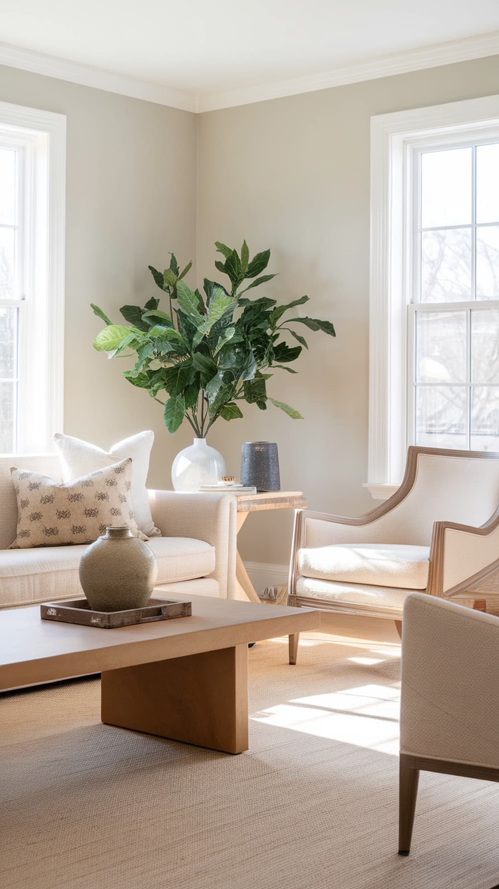 A bright living room with greige accents, featuring a light sofa, wooden coffee table, and a tall plant.