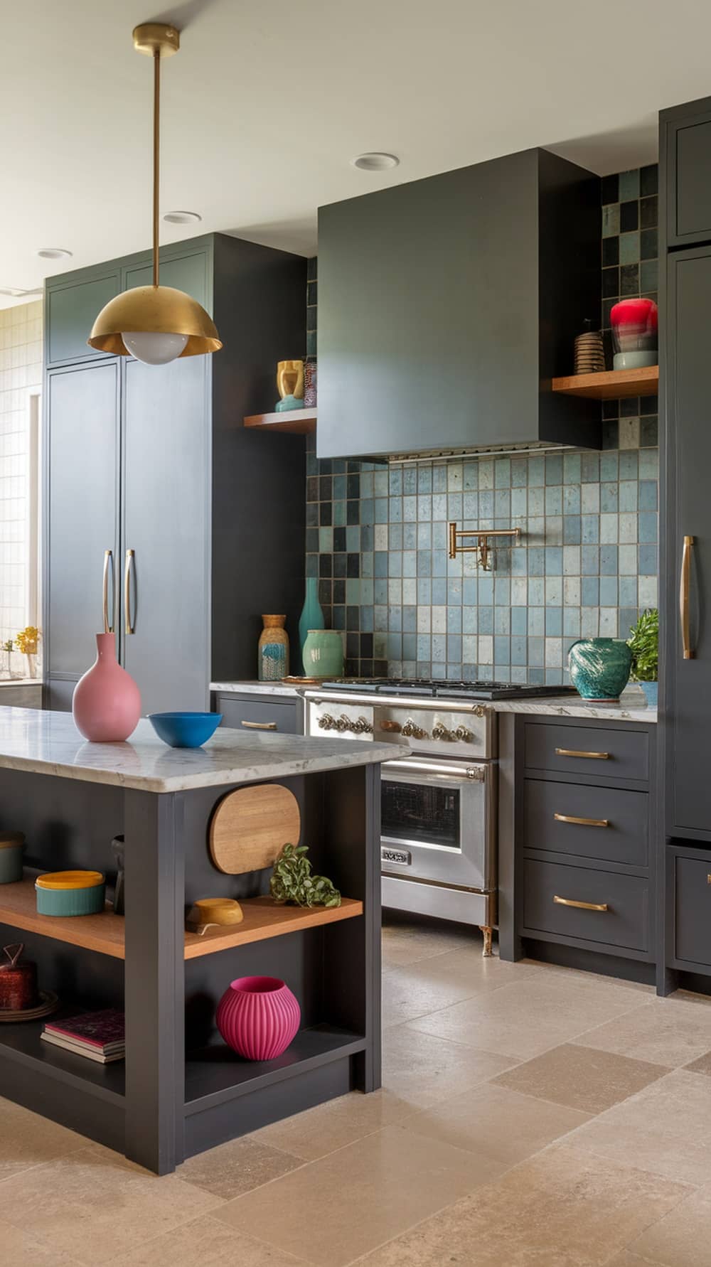 A modern kitchen featuring dark greige cabinets with colorful decor accents.