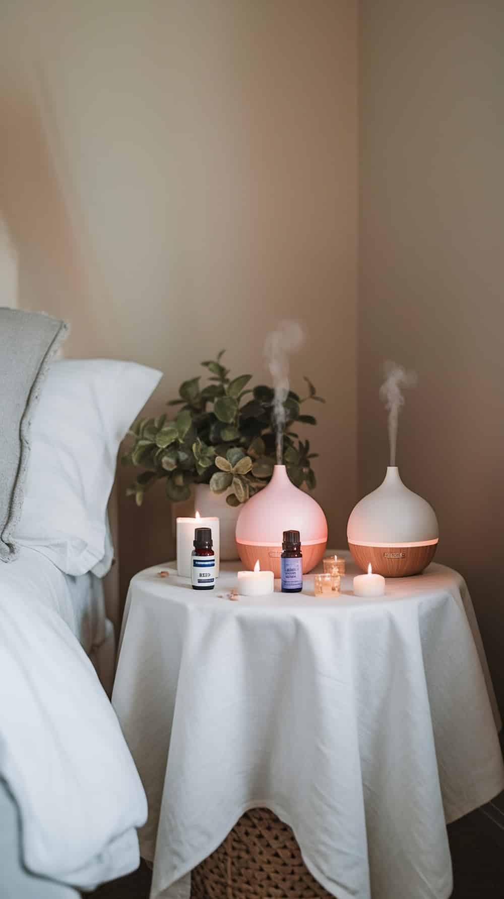 A cozy bedroom setup featuring essential oil diffusers, candles, and a plant on a table.