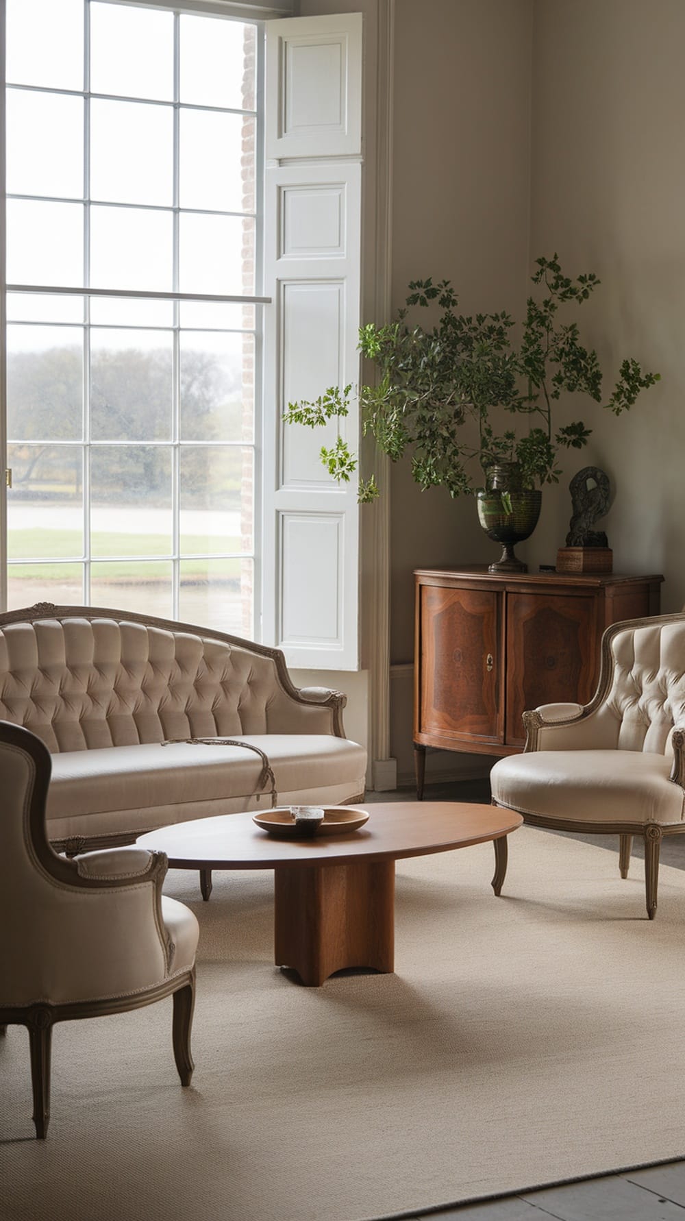 A sophisticated greige living room featuring vintage furniture, a large window, and a wooden coffee table.