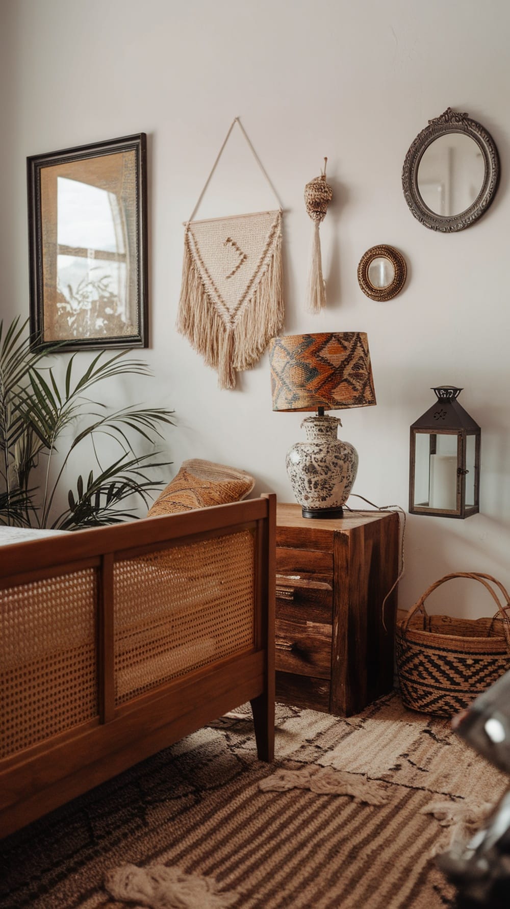 A cozy boho bedroom featuring a wooden bed frame, a ceramic lamp on a nightstand, macramé wall decor, and plants.