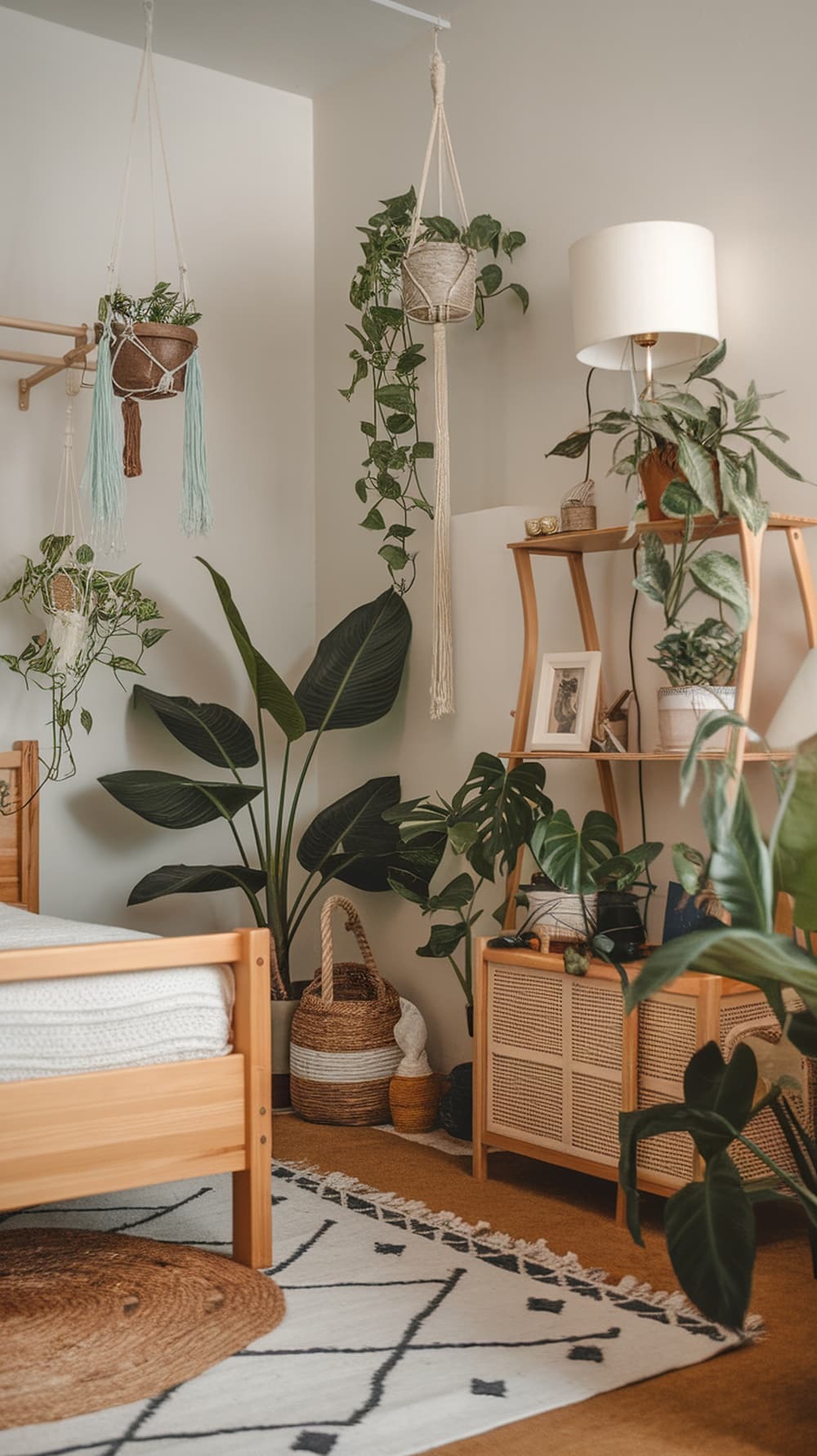 A cozy bedroom with hanging plants, a wooden bed frame, and natural decor elements.