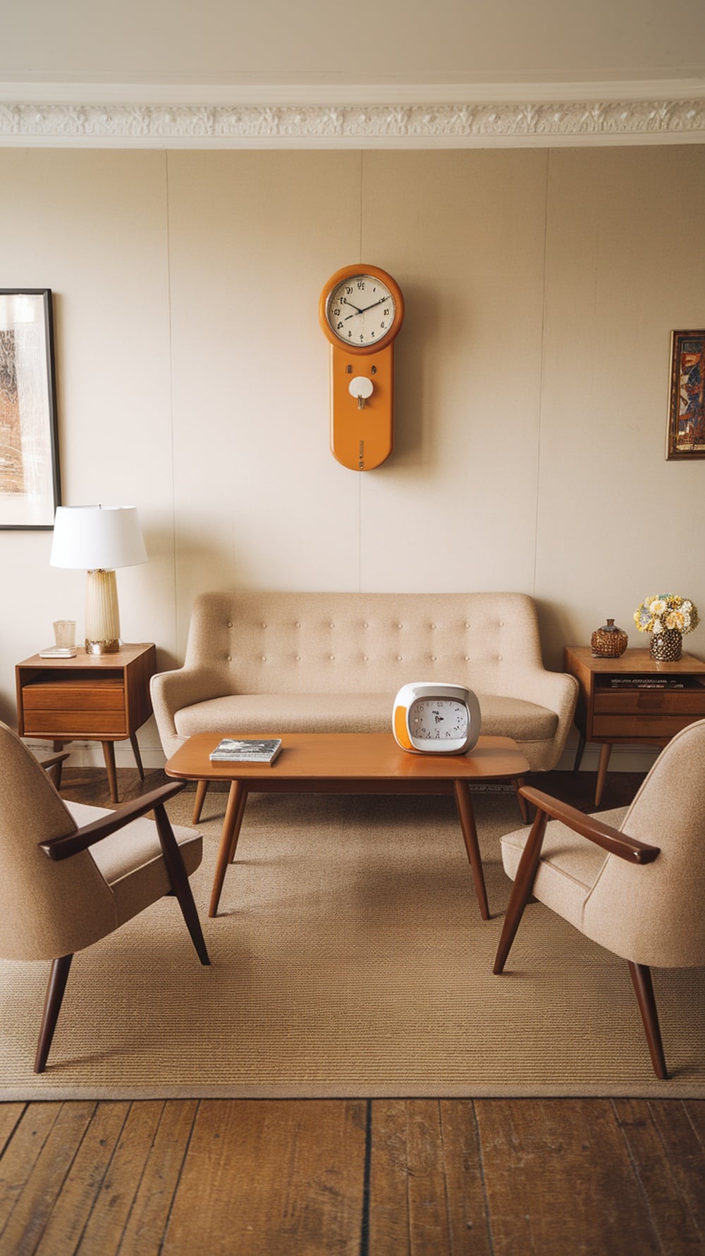 A mid-century modern living room featuring a beige sofa, wooden furniture, and vintage decor.