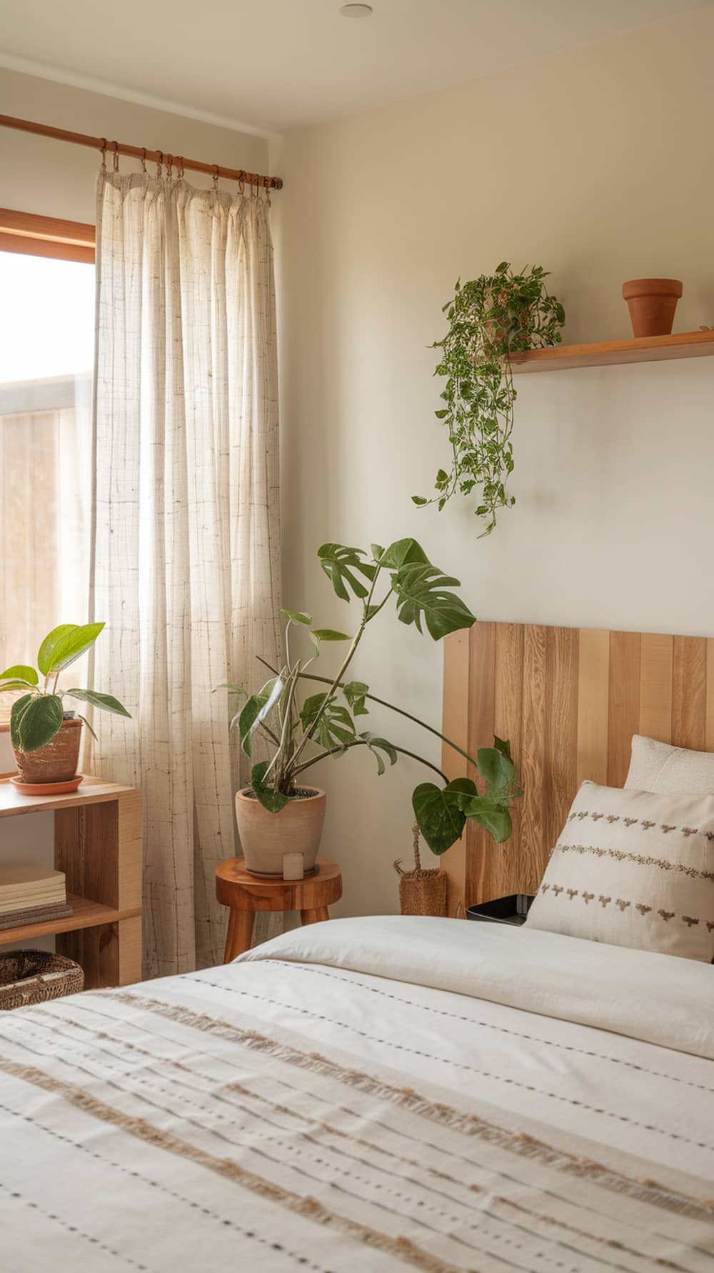 A minimalist bedroom featuring wooden furniture, soft bedding, and various indoor plants.