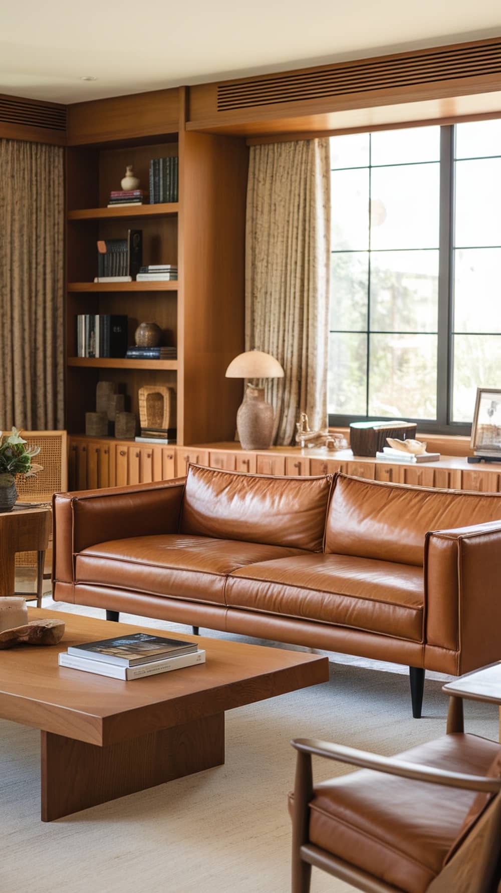 A modern luxury living room featuring a caramel leather sofa, wooden coffee table, and warm decor.