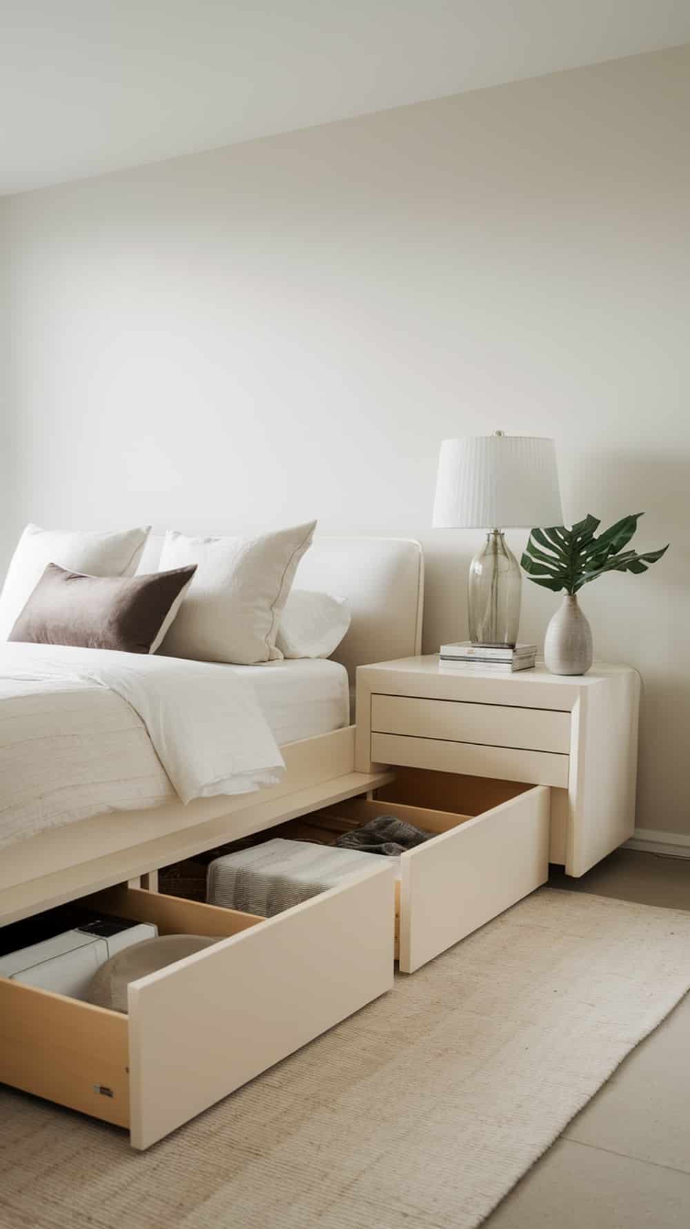 A minimalist bedroom featuring a bed with storage drawers and a simple nightstand with a lamp and plant.