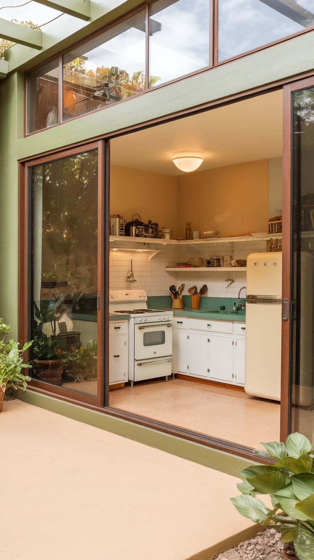 A mid-century modern kitchen with large glass doors leading to an outdoor space, featuring retro appliances and a cozy layout.