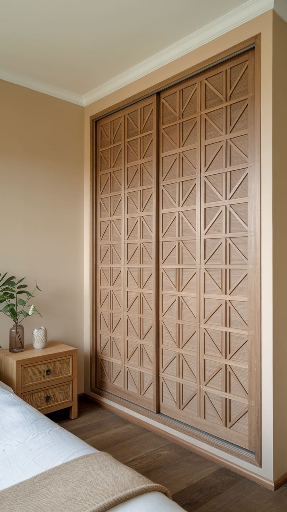 A wooden wardrobe with a geometric design in a modern bedroom setting.
