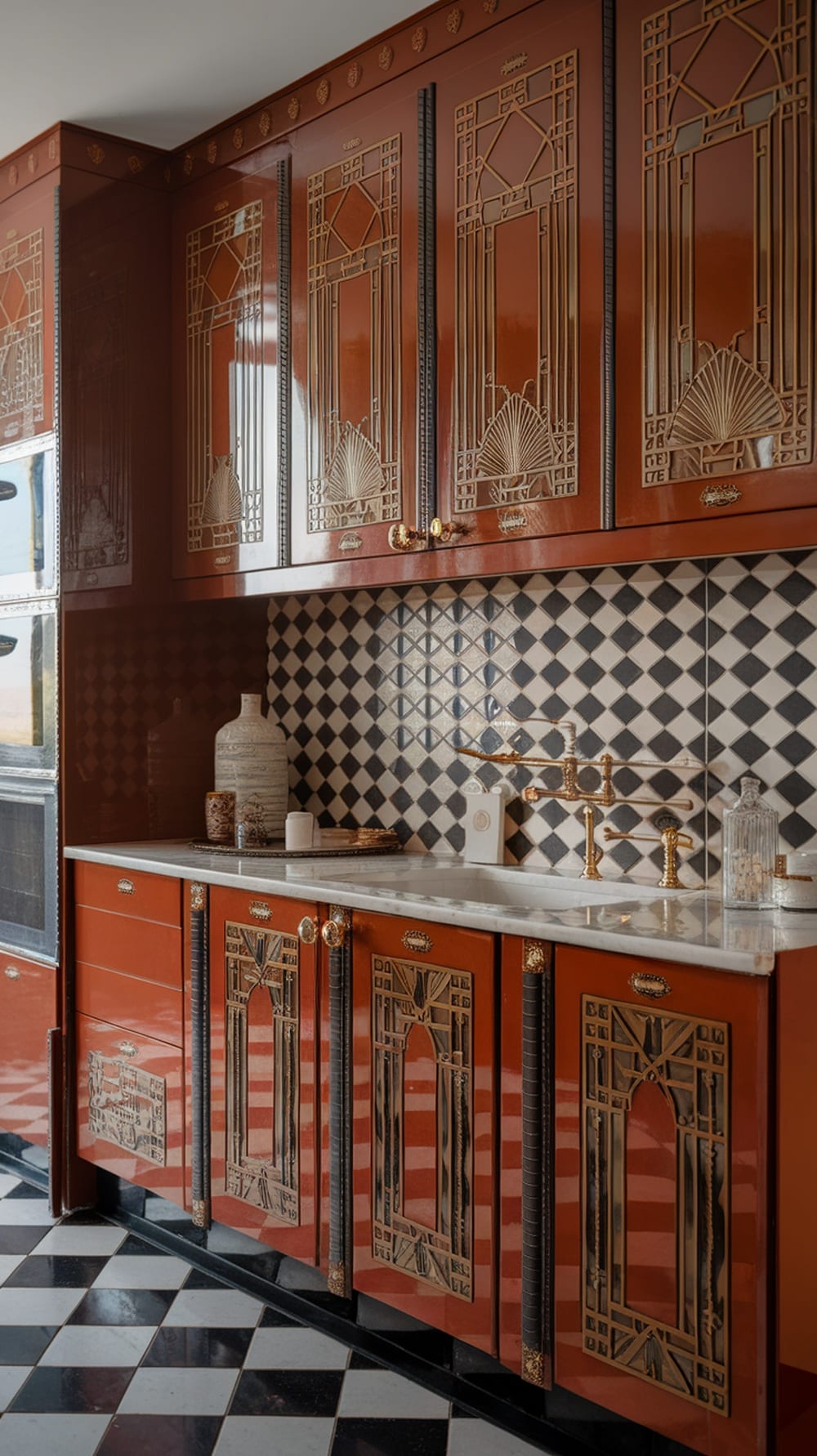 Art Deco style rust orange kitchen cabinets with geometric patterns and gold accents.