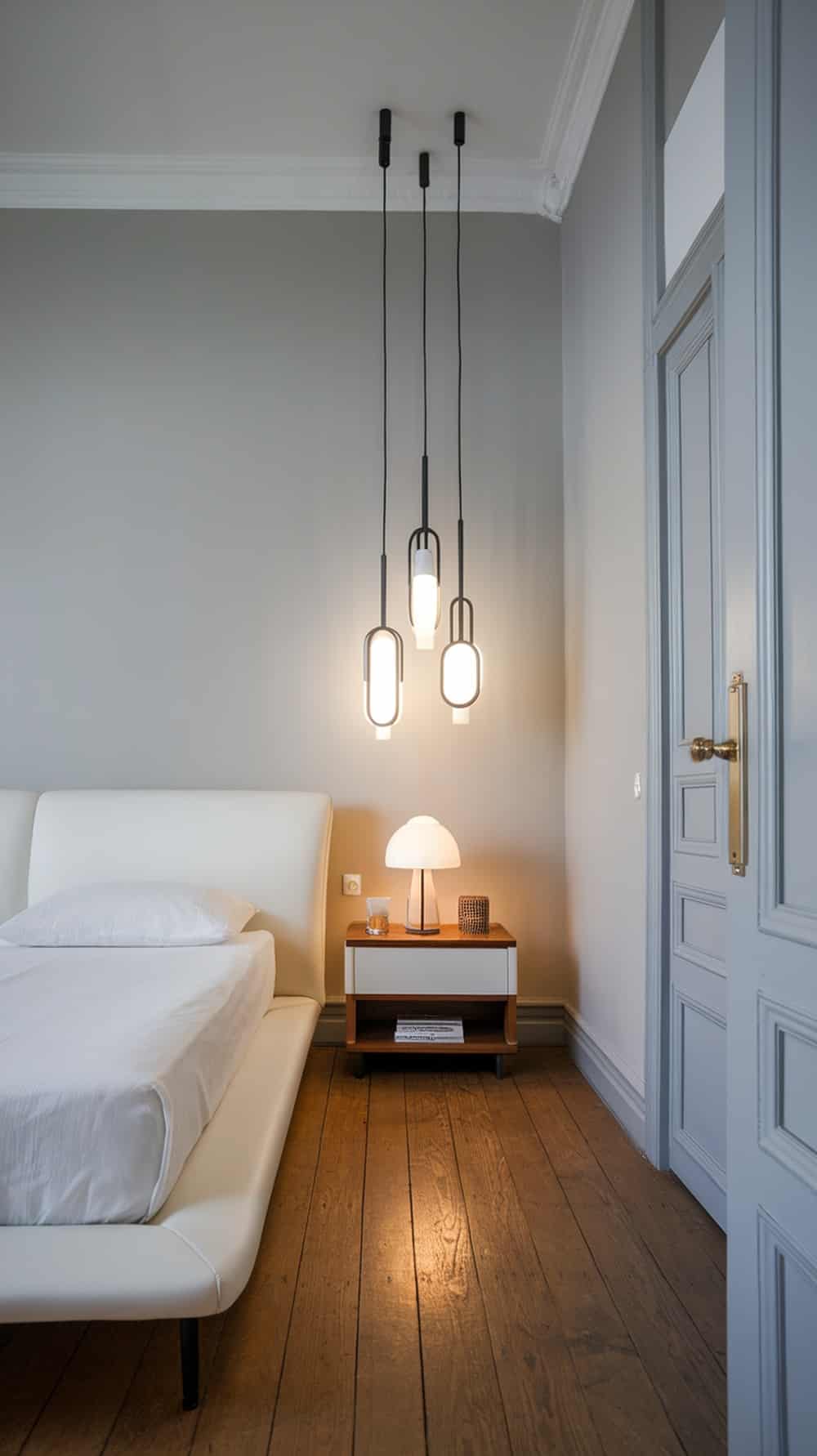 A minimalist bedroom featuring stylish pendant lights and a bedside lamp.