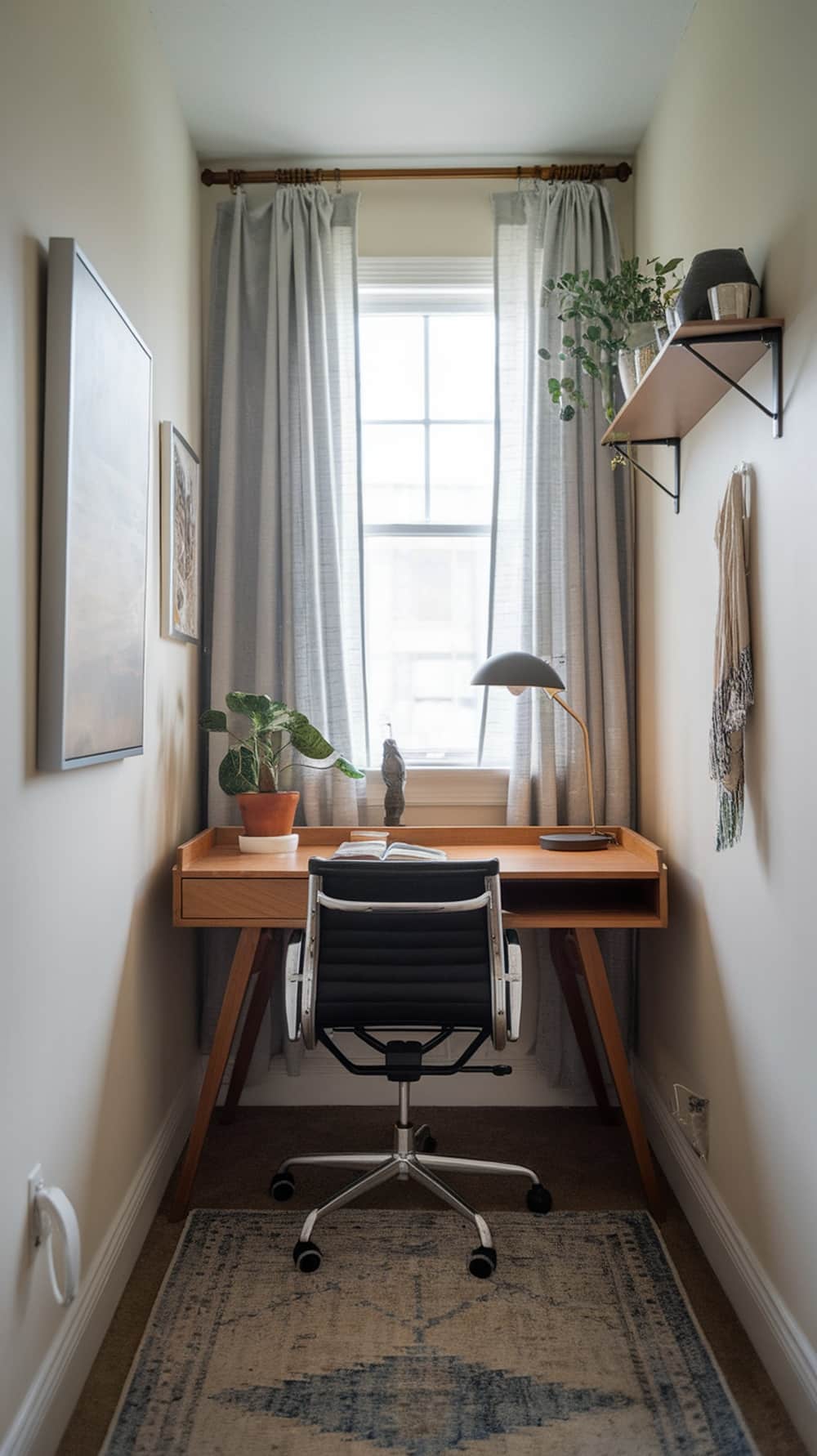 A compact desk in a small bedroom corner with a chair, lamp, and plant.