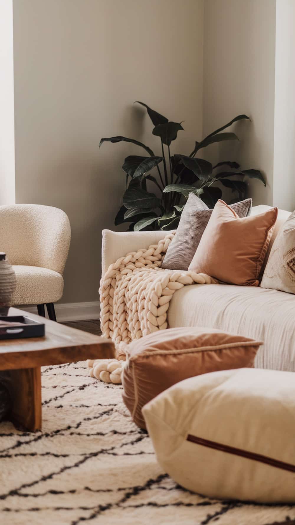 A cozy living room featuring a cream sofa with textured pillows, a knitted throw, a wooden coffee table, and soft poufs, complemented by a potted plant.