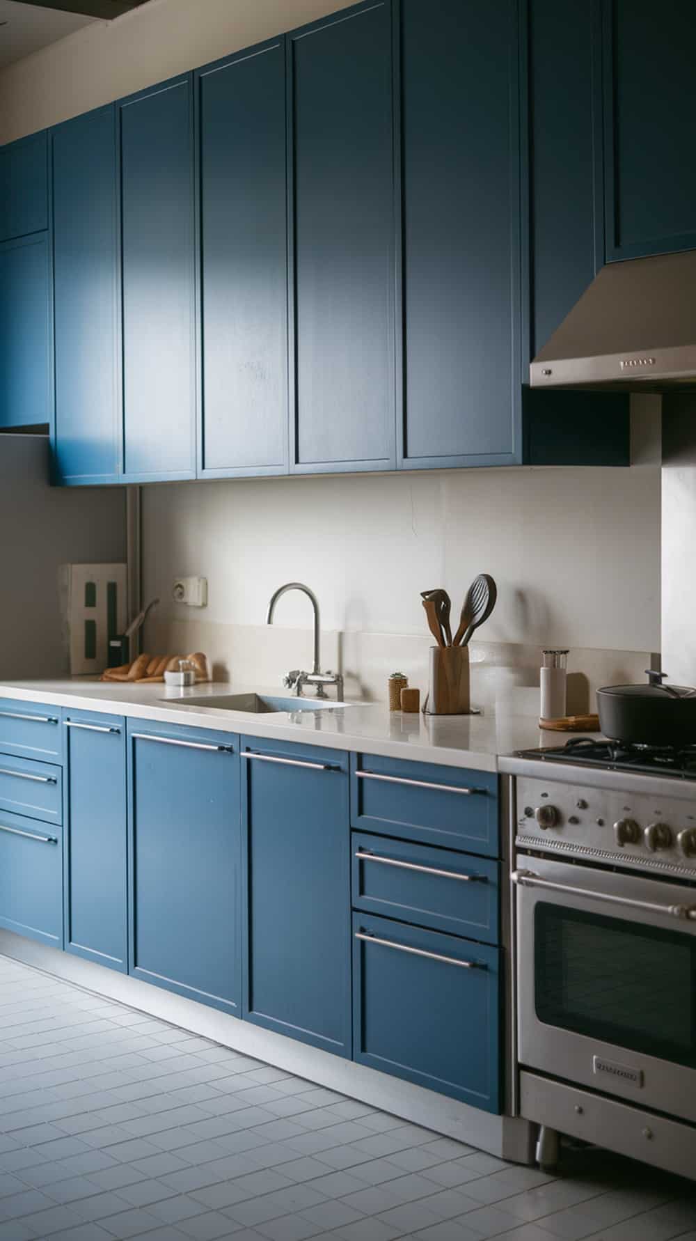 A sleek kitchen featuring indigo cabinets with a modern minimalistic design.