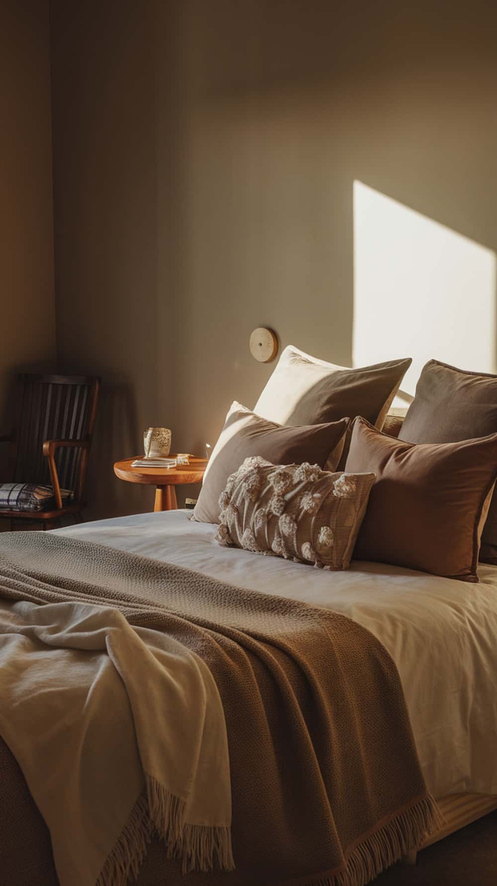 A cozy bedroom featuring a layered bed with soft textiles, warm-toned pillows, and a throw blanket.
