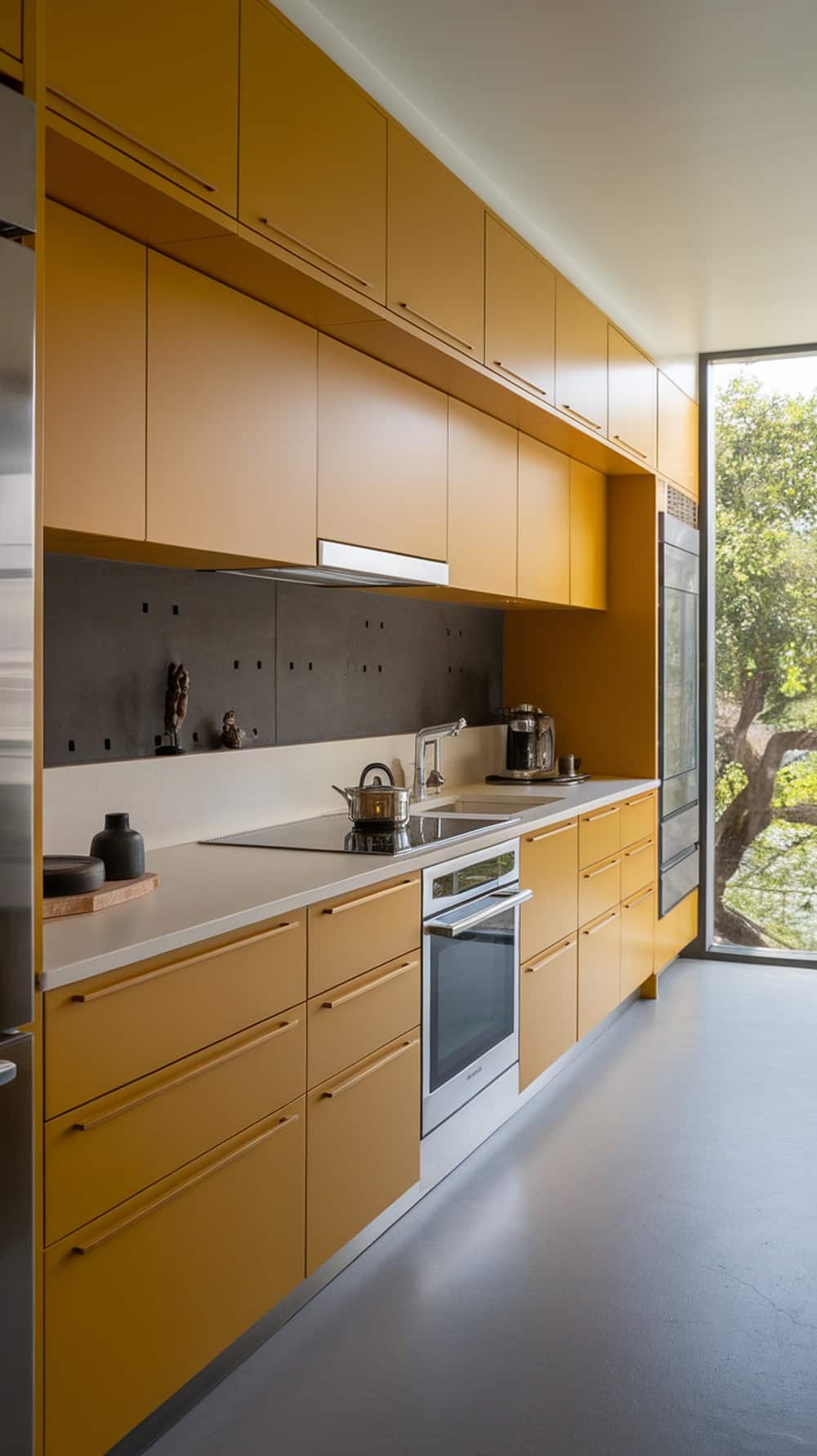 A modern kitchen featuring mustard yellow cabinets with sleek appliances and a minimalist design.