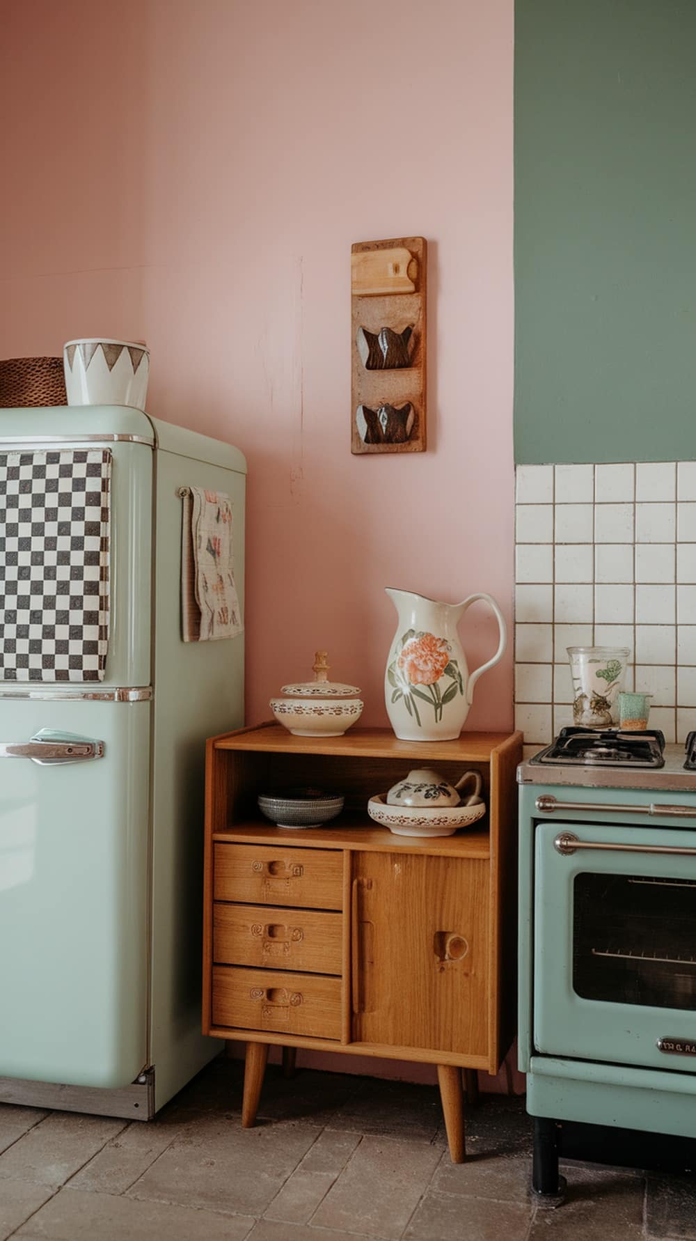 A mid-century modern kitchen featuring a mint green fridge, wooden cabinet with dishware, and pink and green walls.