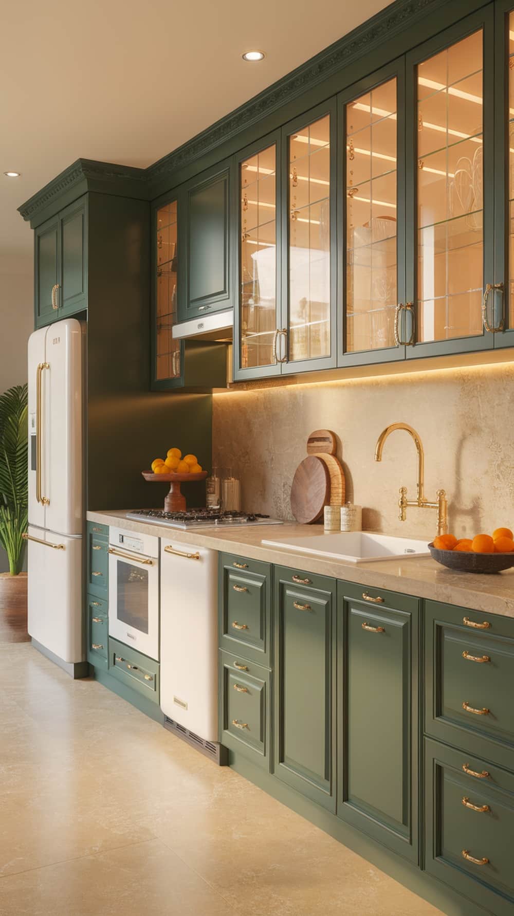 Emerald green kitchen cabinets with gold hardware and a modern design.