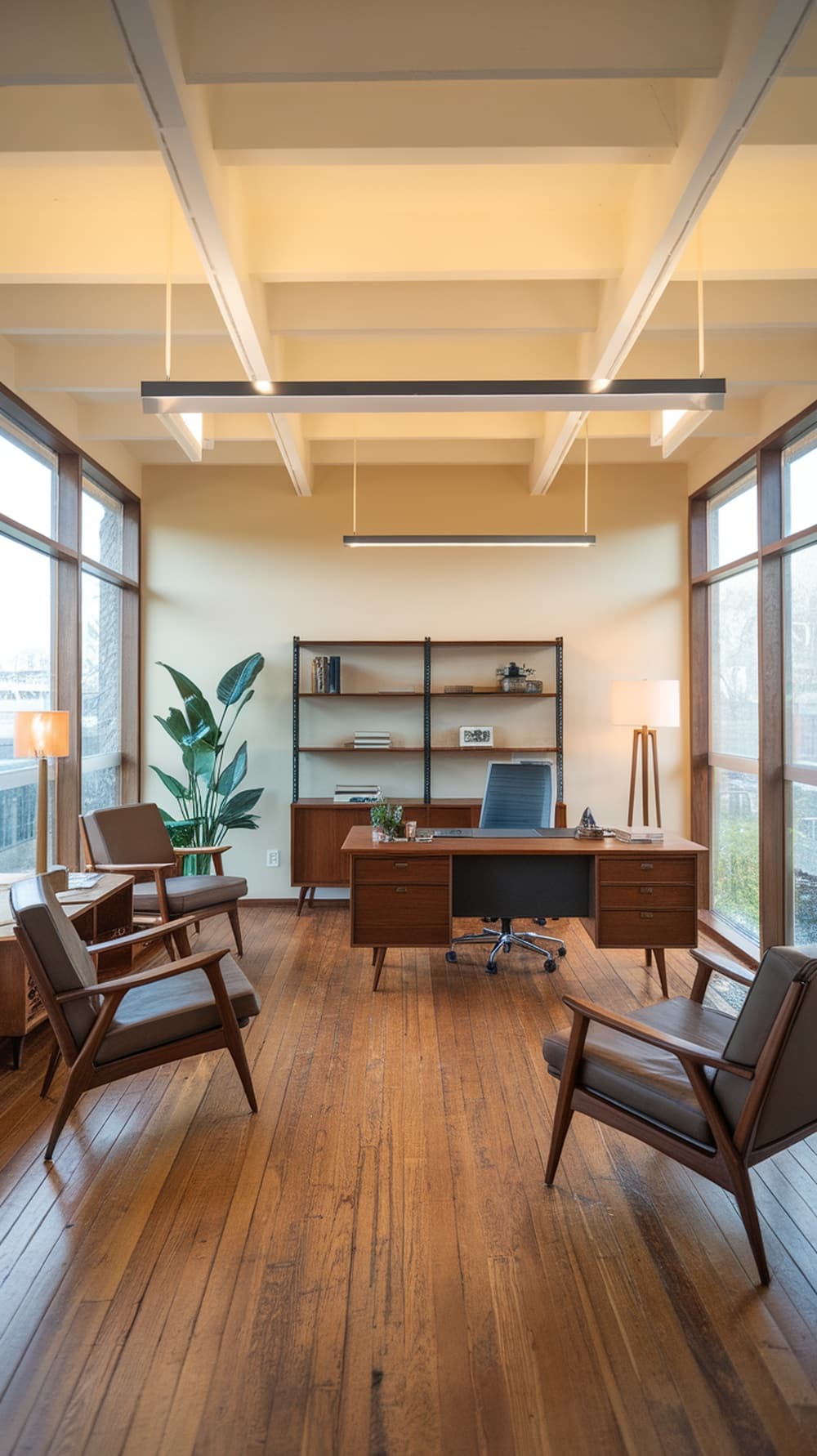 A mid-century modern office featuring wooden floors, large windows, and stylish furniture.