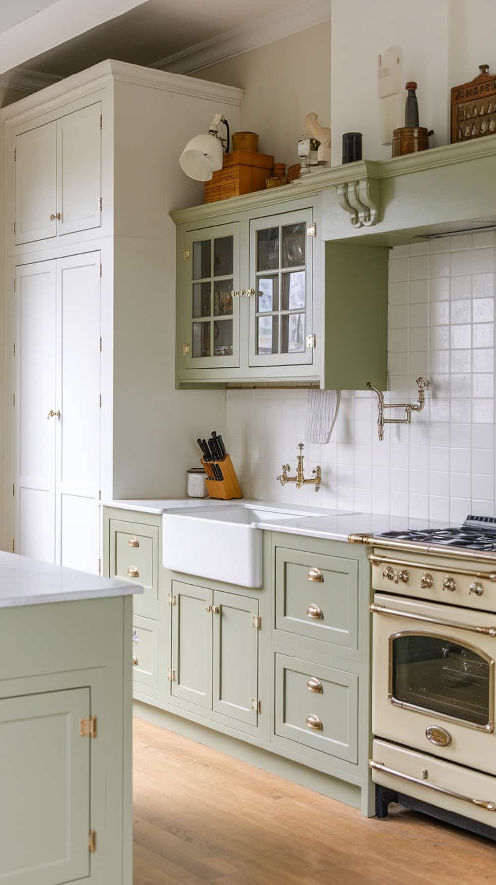 Pale green Shaker style kitchen cabinets with brass hardware
