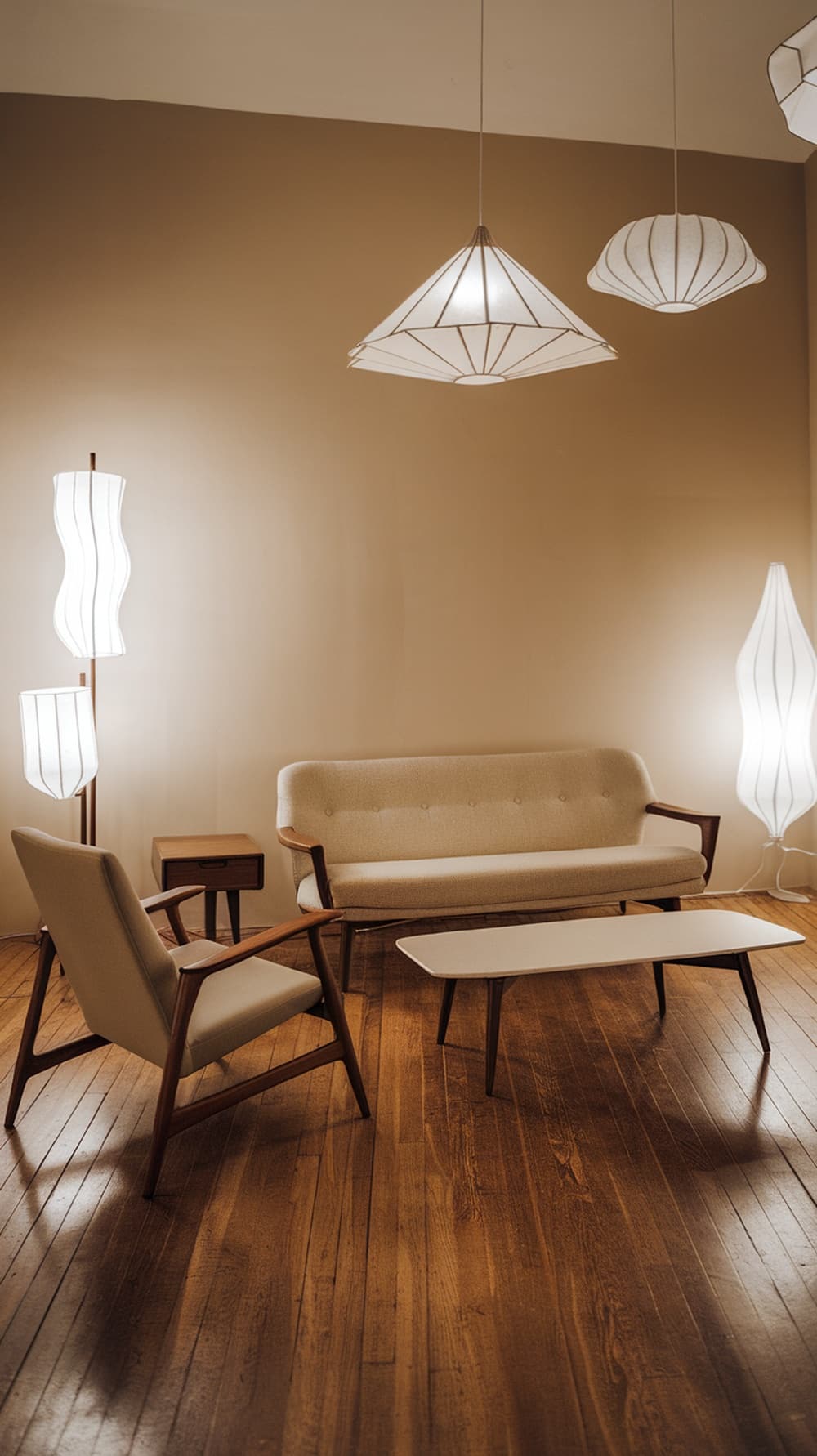 Mid-century modern living room with unique lighting fixtures and wooden furniture.