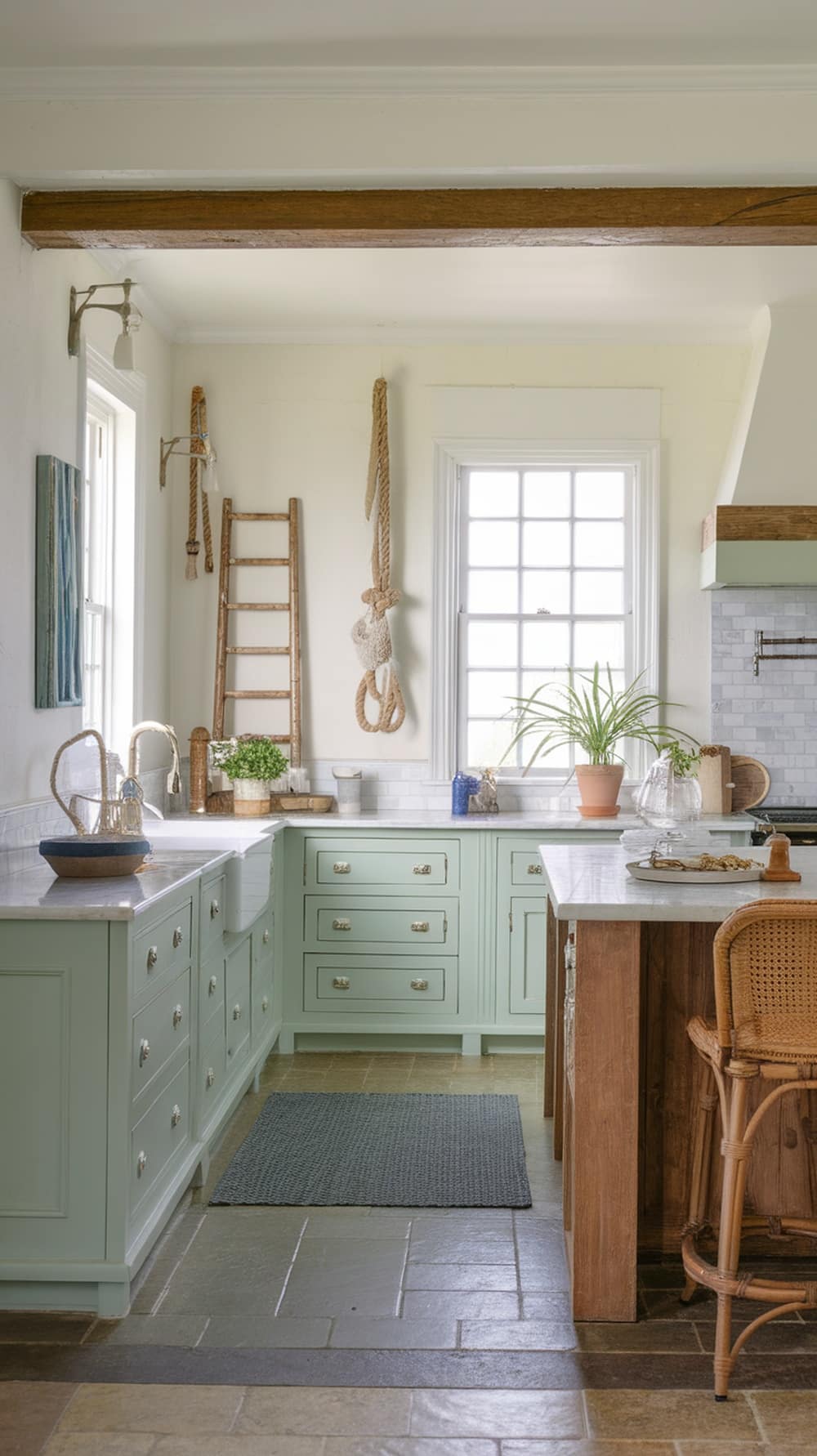 Coastal inspired kitchen with pale green cabinets and natural wood accents.
