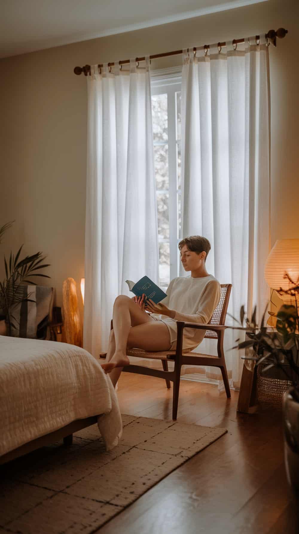 A person reading a book in a cozy bedroom with soft lighting and plants.