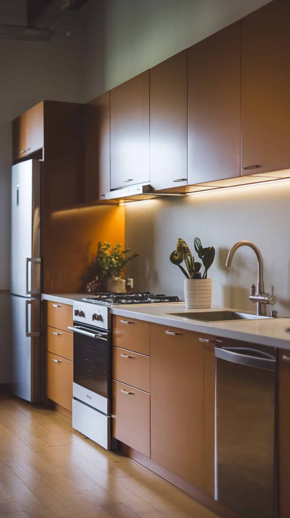 A contemporary kitchen featuring warm caramel cabinets, stainless steel appliances, and a minimalist design.