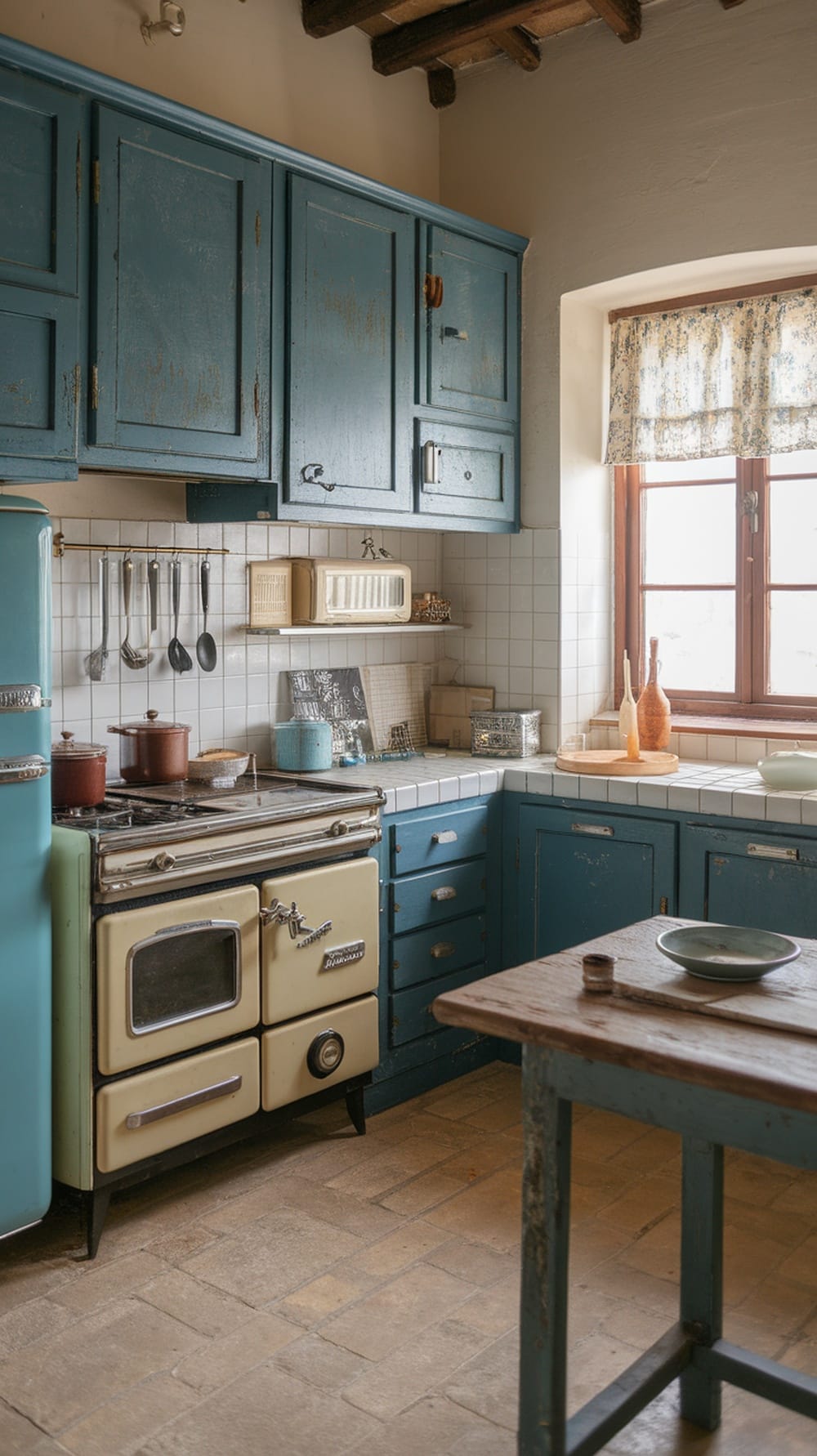 A vintage kitchen featuring indigo cabinets and retro appliances.
