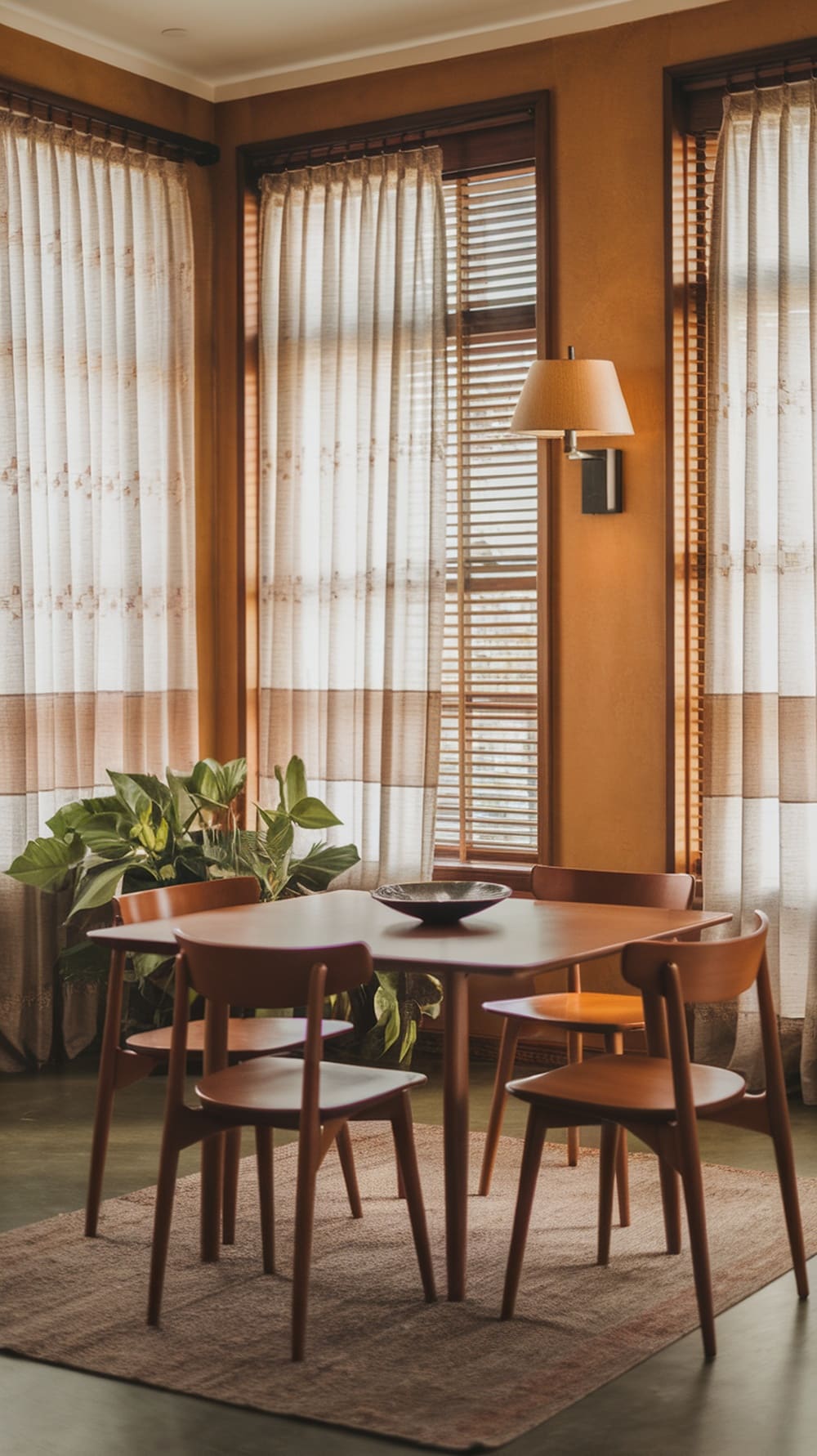 Mid-century modern dining room with sheer curtains and wooden blinds