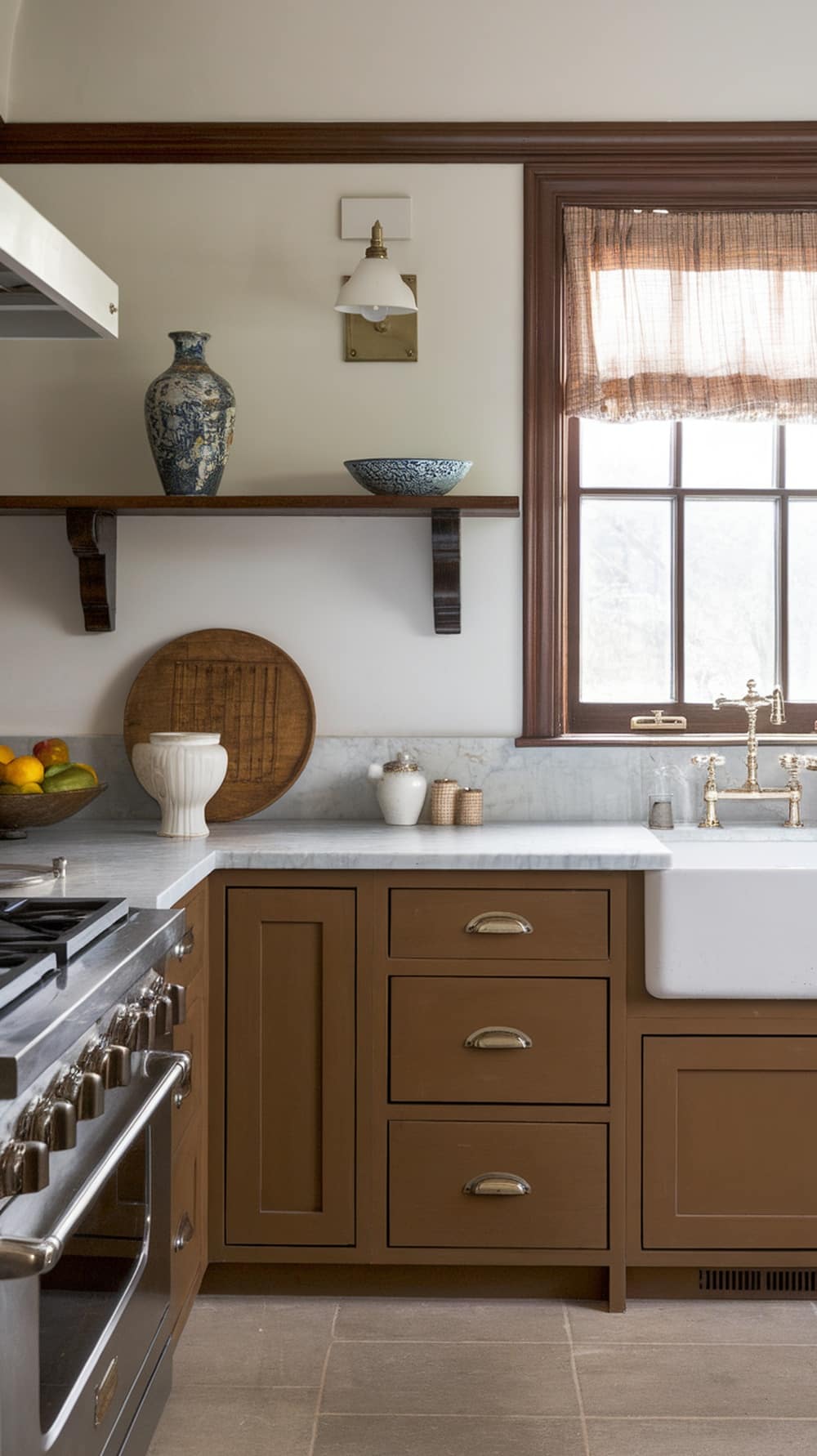 Cozy kitchen with caramel cabinets and modern accents