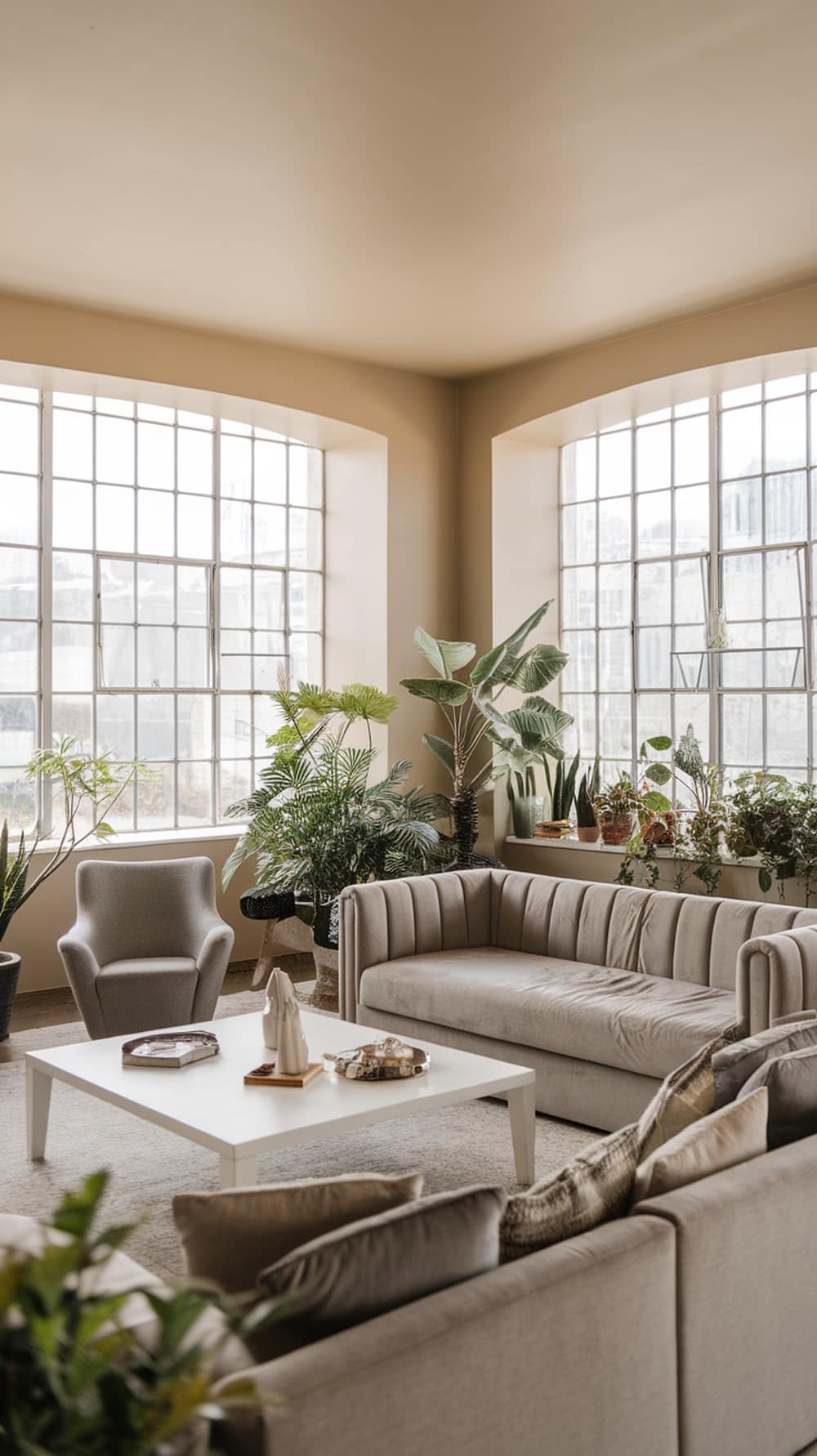 A minimalist greige living room featuring large windows, a plush sofa, an armchair, and various indoor plants.