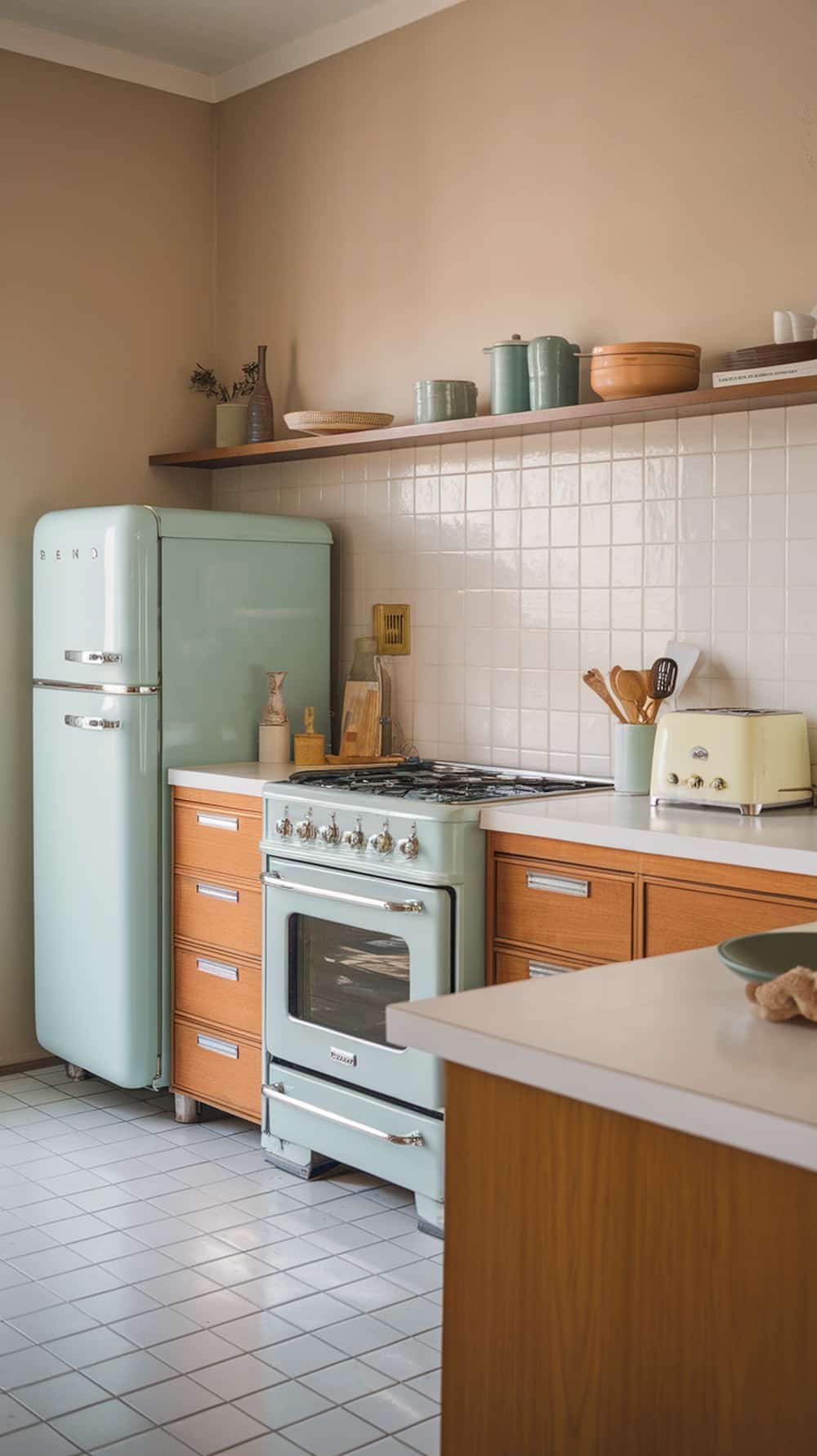 A mid-century modern kitchen featuring mint green retro appliances, wooden cabinets, and white countertops.