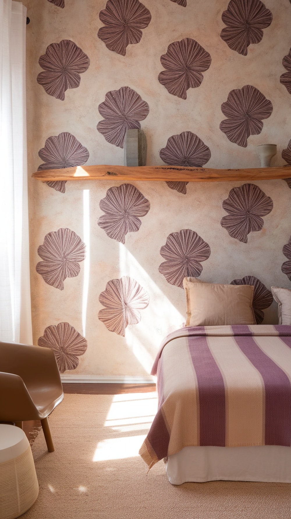 A boho bedroom with textured floral wall treatment, a wooden shelf, and a striped blanket on the bed.