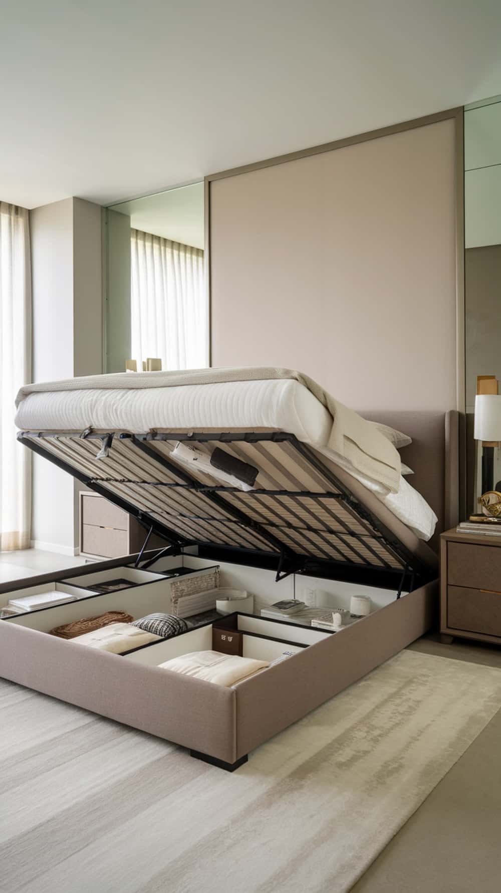 A modern bed with a lift-up mattress revealing organized storage underneath.