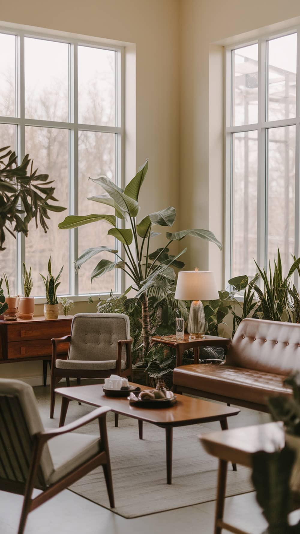 A mid-century modern living room featuring large windows, lush plants, and stylish furniture.