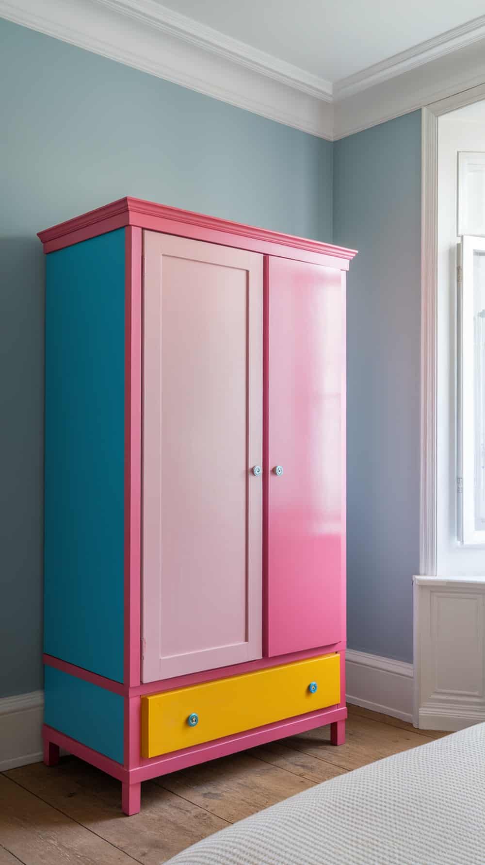 A colorful wardrobe with pink, blue, and yellow accents in a bedroom setting.