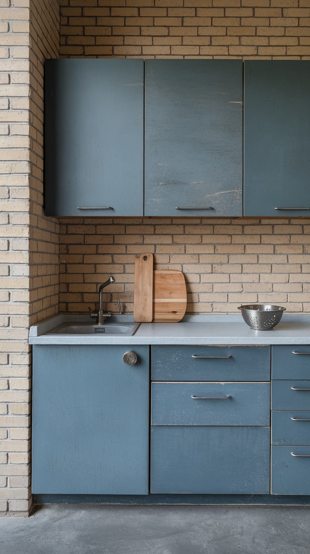 A modern kitchen with dusty blue cabinets and a brick wall.