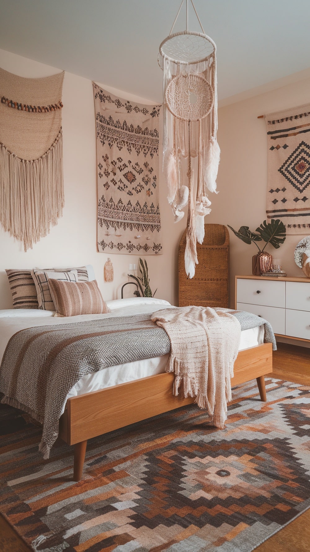 A cozy boho bedroom featuring a dreamcatcher hanging from the ceiling, with warm-toned bedding and patterned rugs.