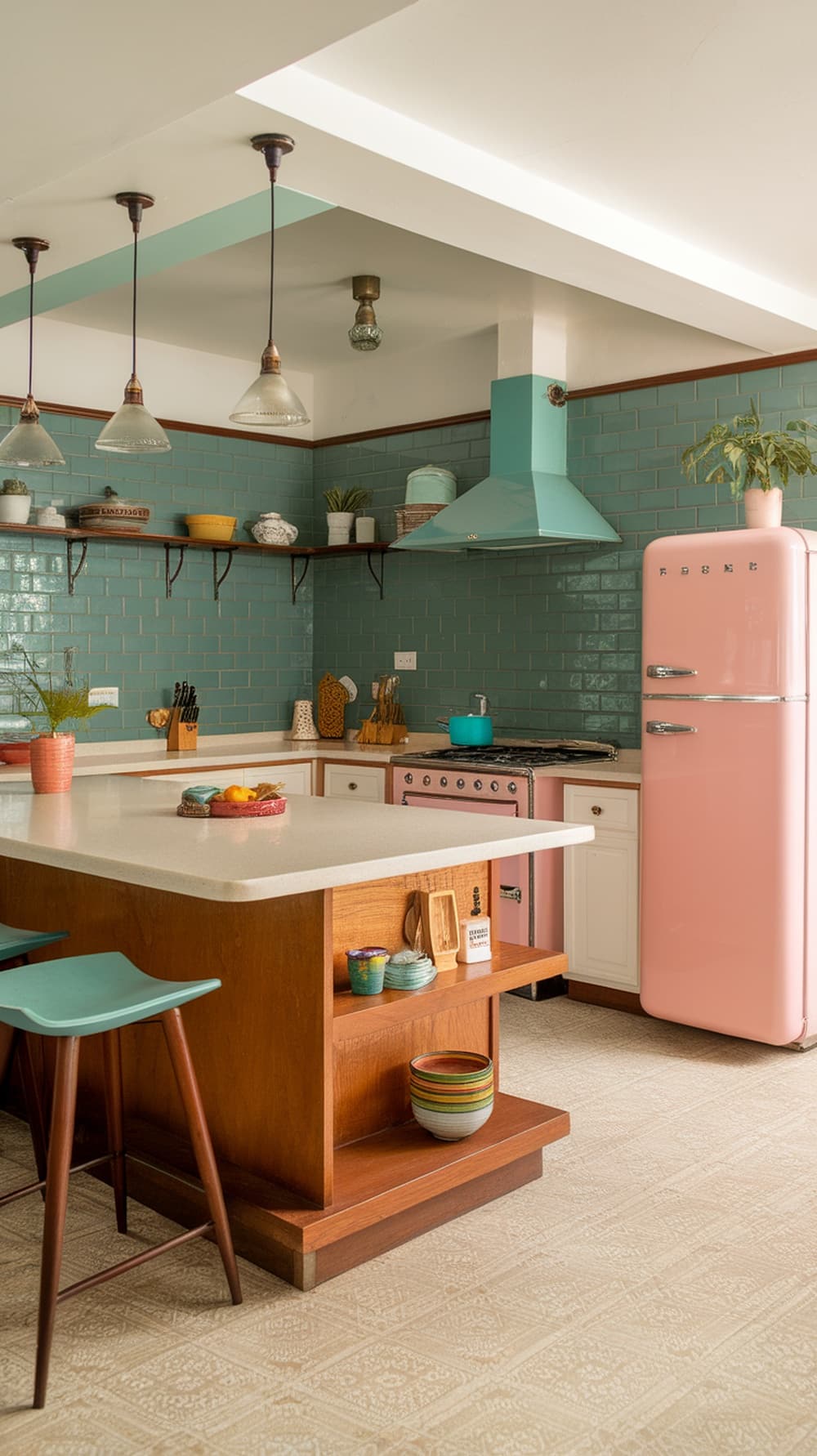 A mid-century modern kitchen featuring a functional island and breakfast bar with teal tiles and a pink fridge.