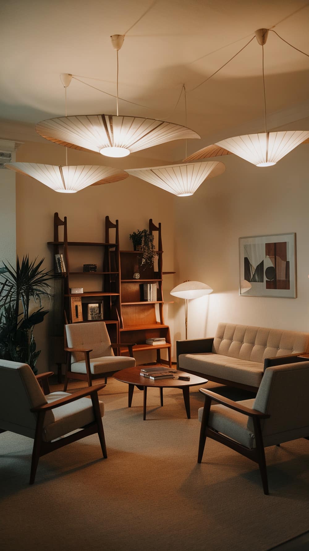 A mid-century modern living room featuring unique pendant lighting and stylish furniture.