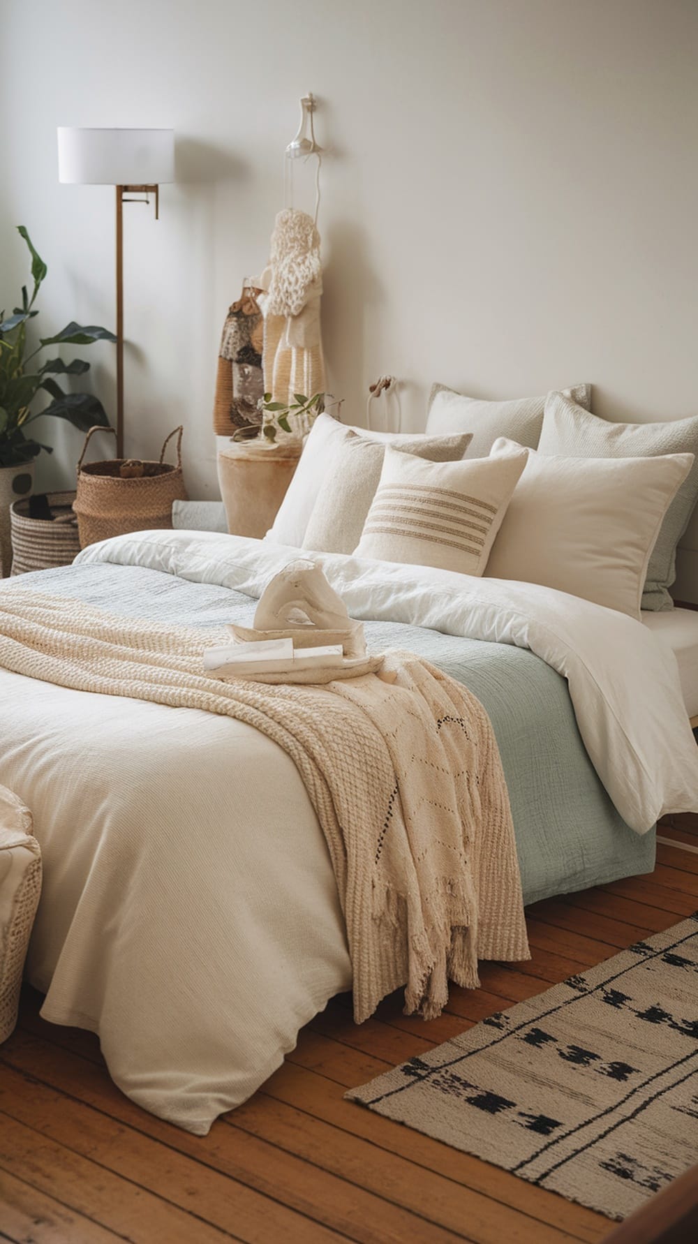 A minimalist bedroom featuring textured bedding in soft neutral colors, with layered pillows and a cozy throw.