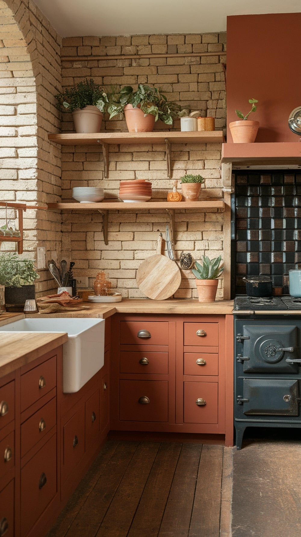 A kitchen featuring rust orange cabinets and natural wood elements.