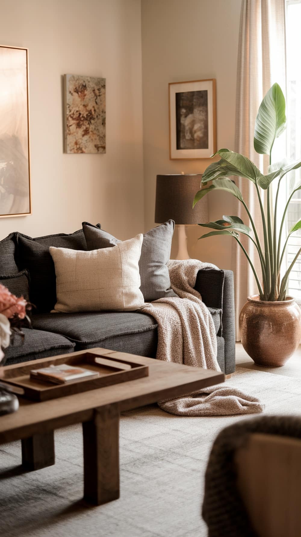 A cozy living room featuring a charcoal gray sofa with pillows, a wooden coffee table, a plant, and soft lighting.