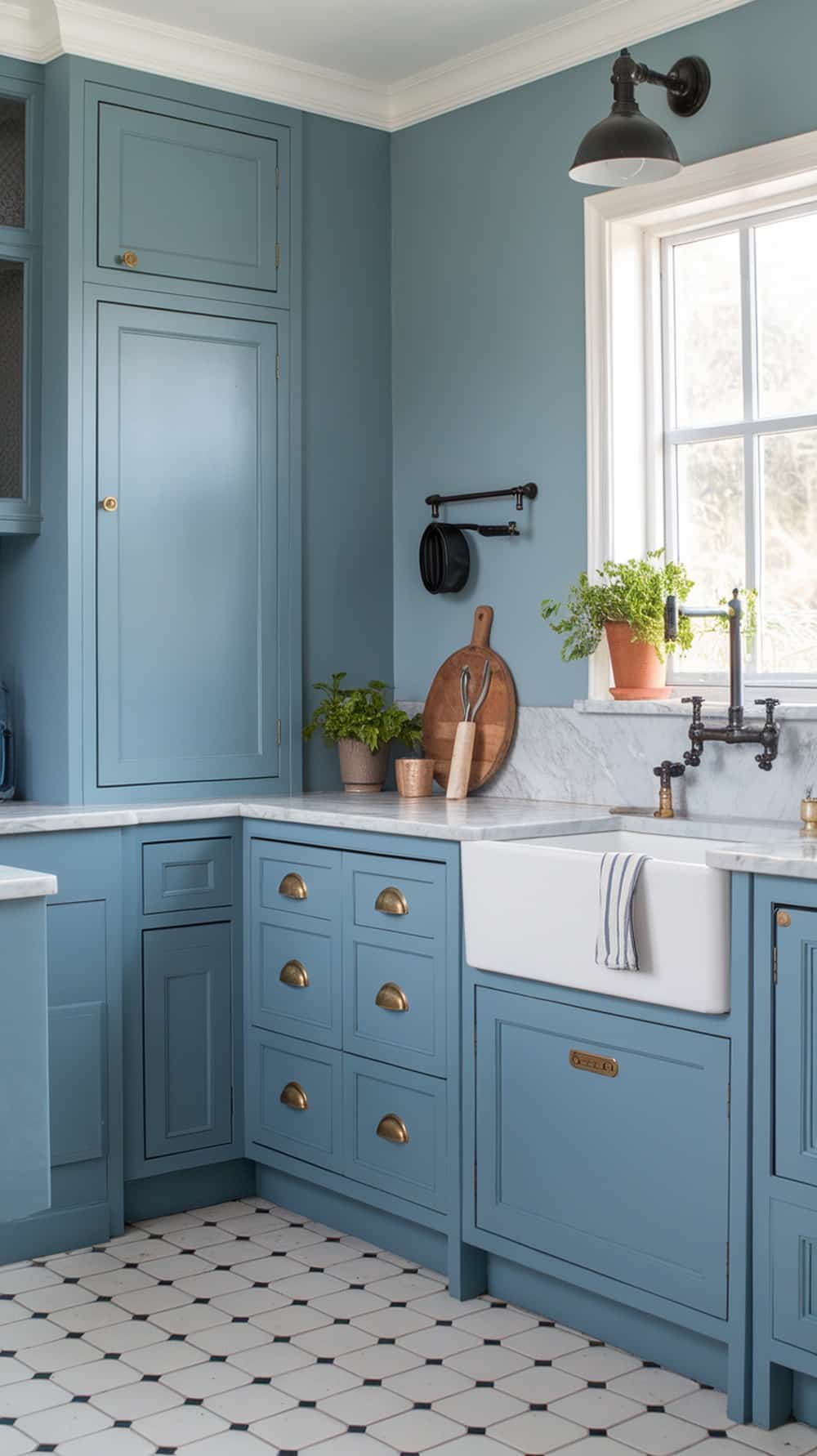 A modern kitchen featuring dusty blue cabinets and an accent wall.